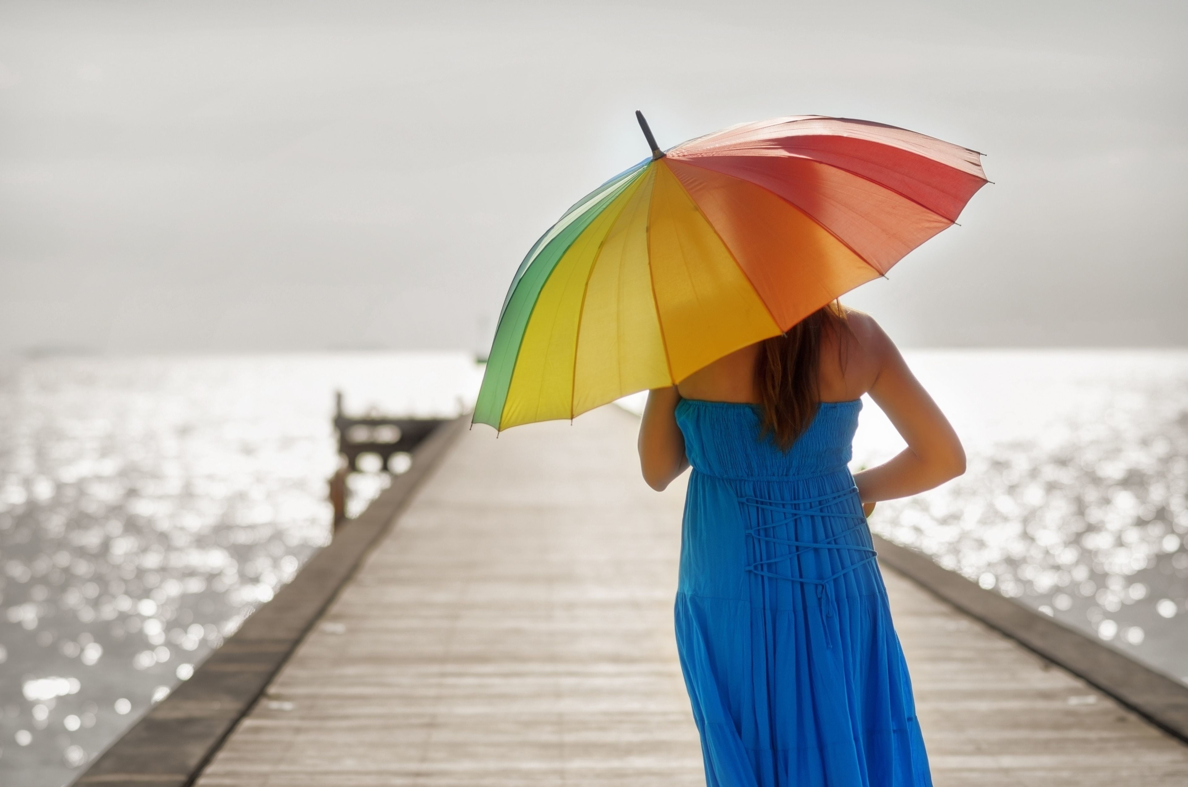 widescreen, background, dress, lifestyles, HD, water, multi, the sun, sea, one person, color, day, rear view, colored, woman, standing, security, HD Wallpaper