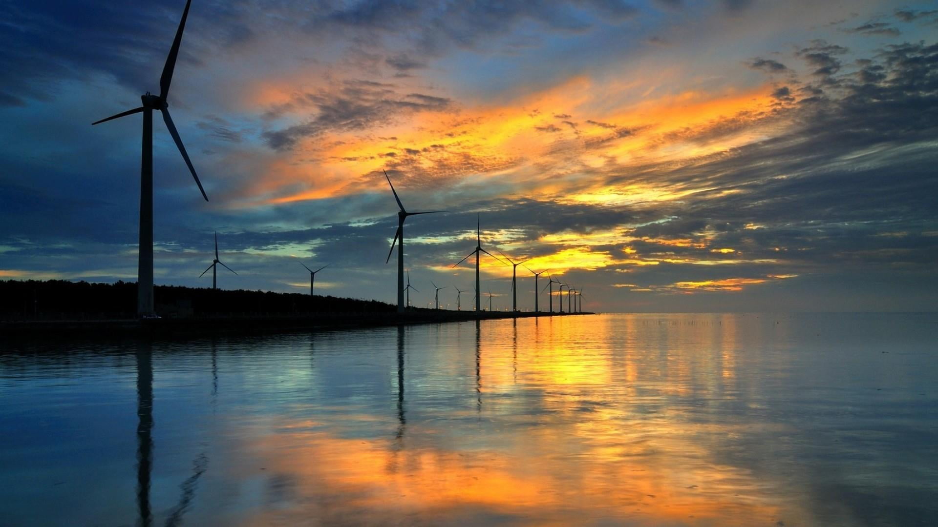 fuel and power generation, alternative energy, electricity, clouds, turbine, nature, orange color, cloud - sky, reflaction, 1080P, reflection, power supply, HD Wallpaper
