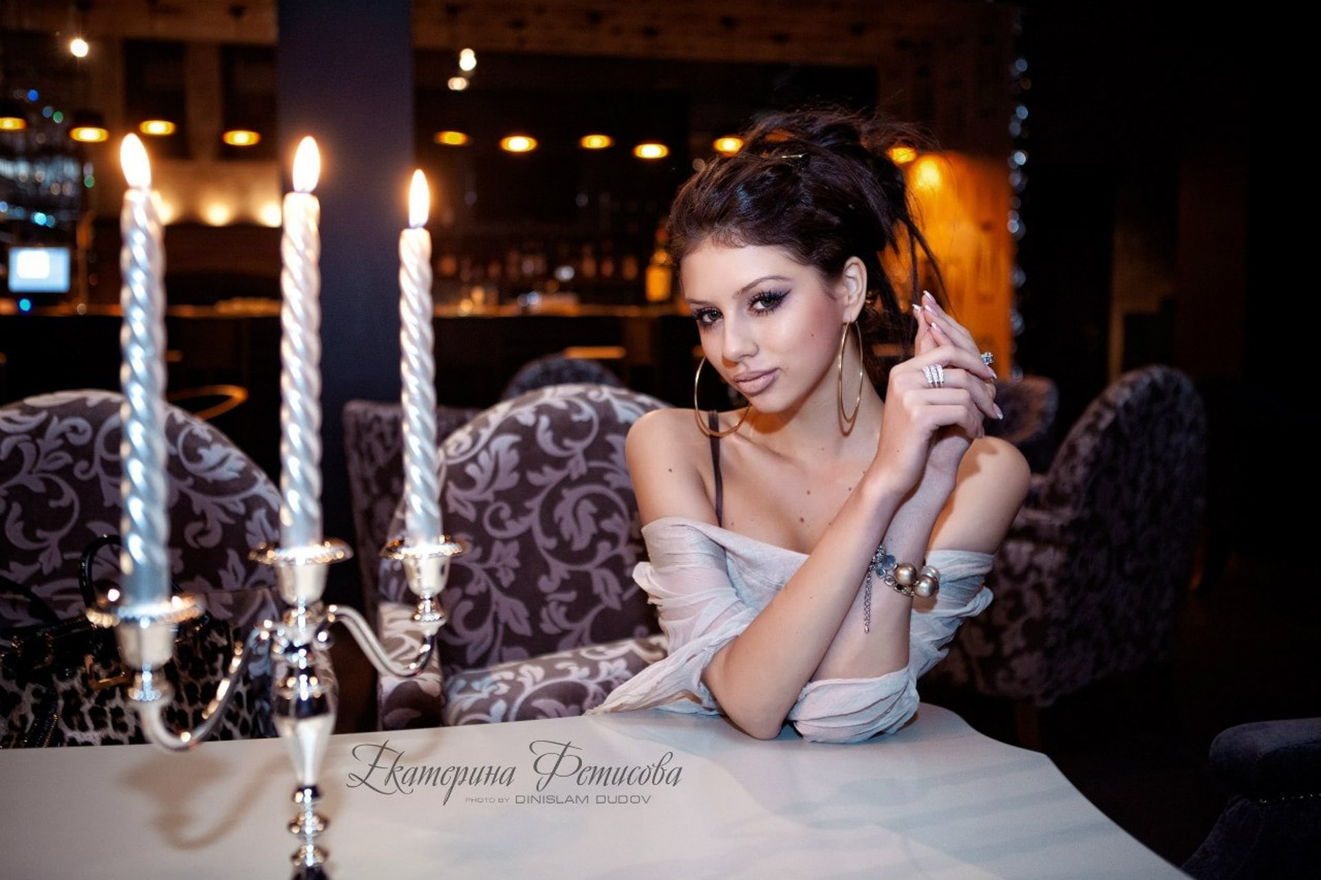 candles, hoop earrings, contemplation, beautiful woman, Ekaterina Fetisova, 1080P, portrait, young women, sitting, real people, waist up, front view, leisure activity, HD Wallpaper