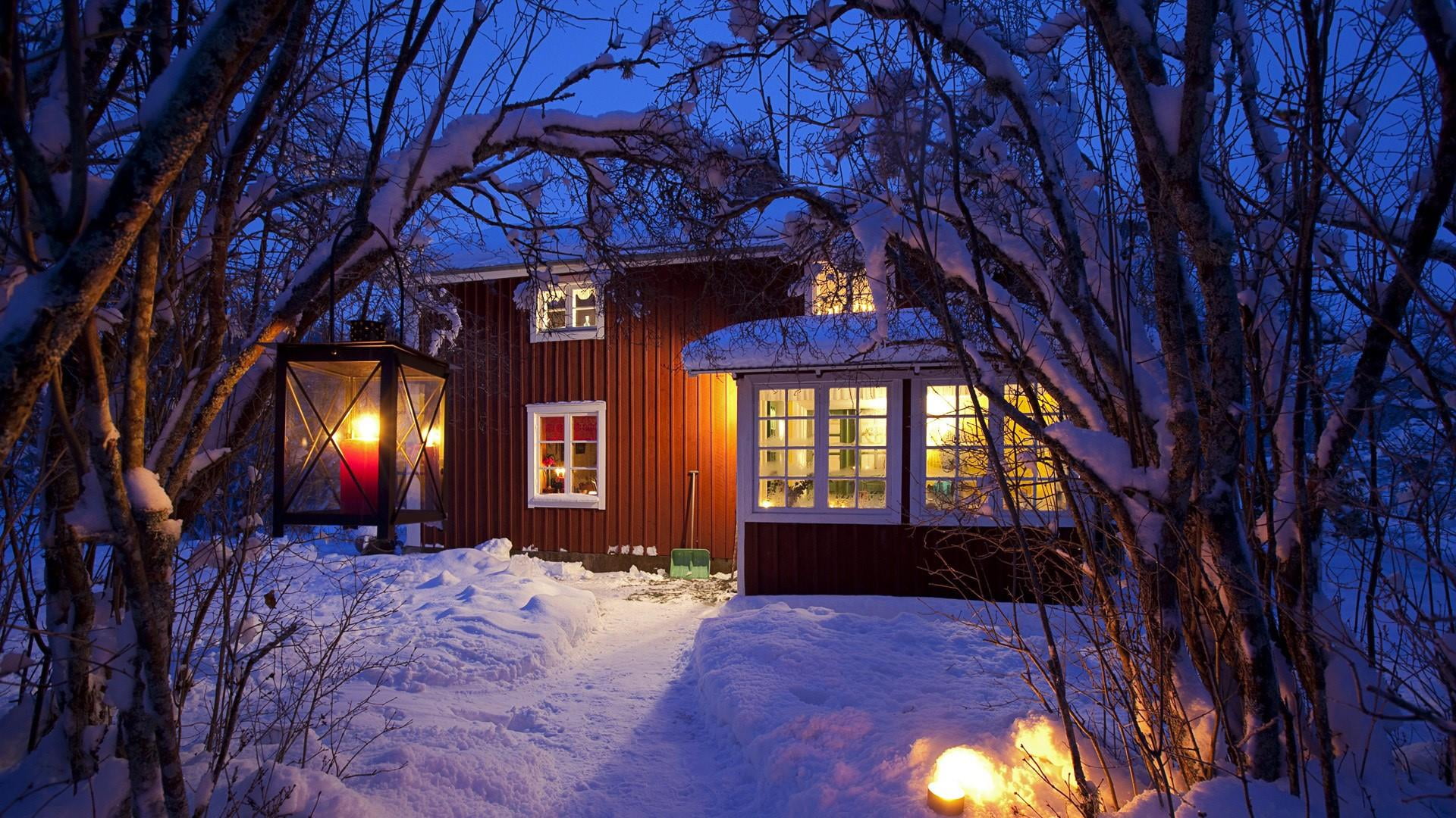 architecture, built structure, no people, light, house, lighting, winter, nature, tree, evening, lighting equipment, home, illuminated, woody plant, log cabin, HD Wallpaper