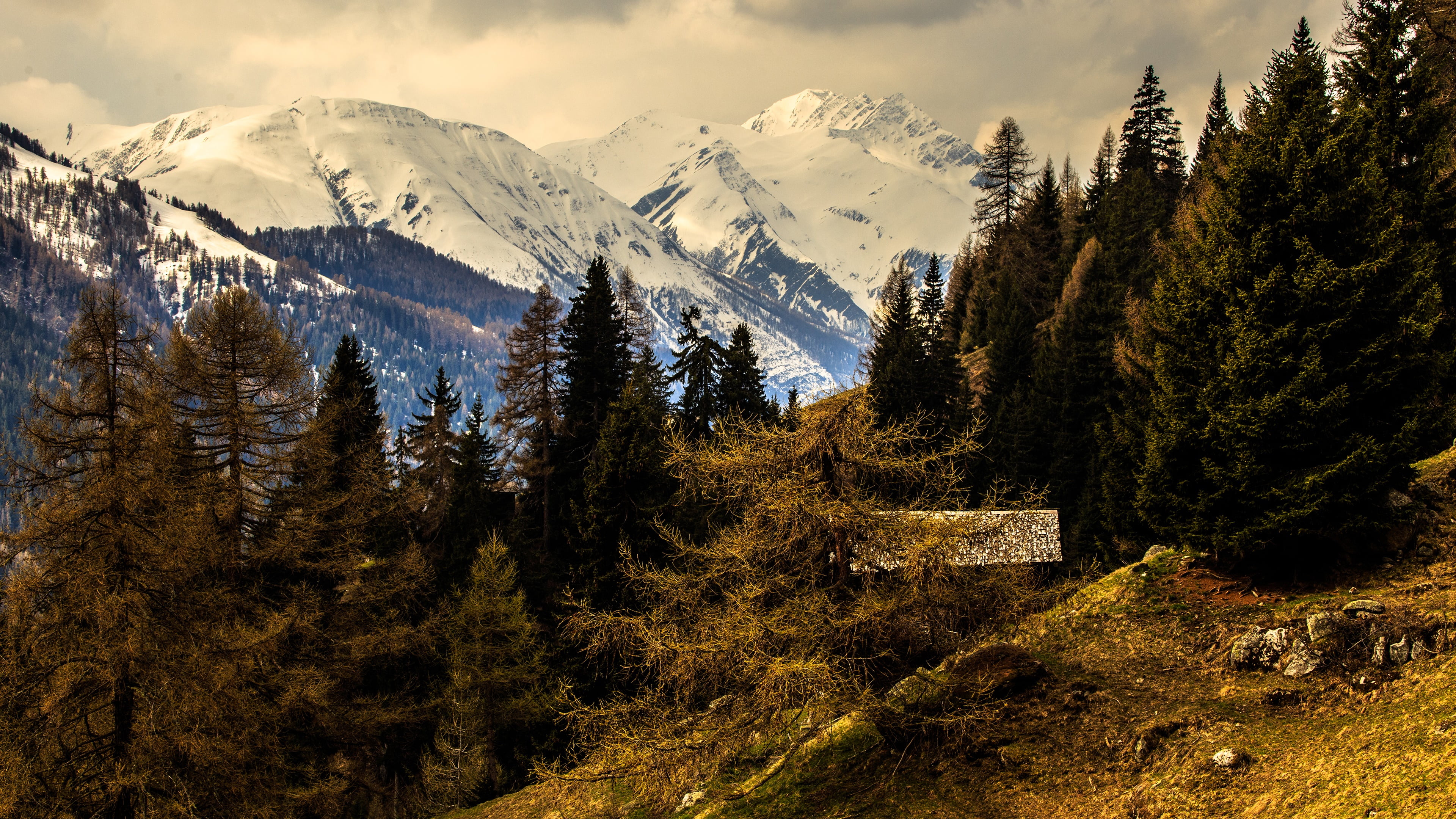 winter, sky, no people, beauty in nature, snowcapped mountain, mountain, tree, cold temperature, mountain peak, hut, scenics - nature, cloud, growth, pine tree, HD Wallpaper