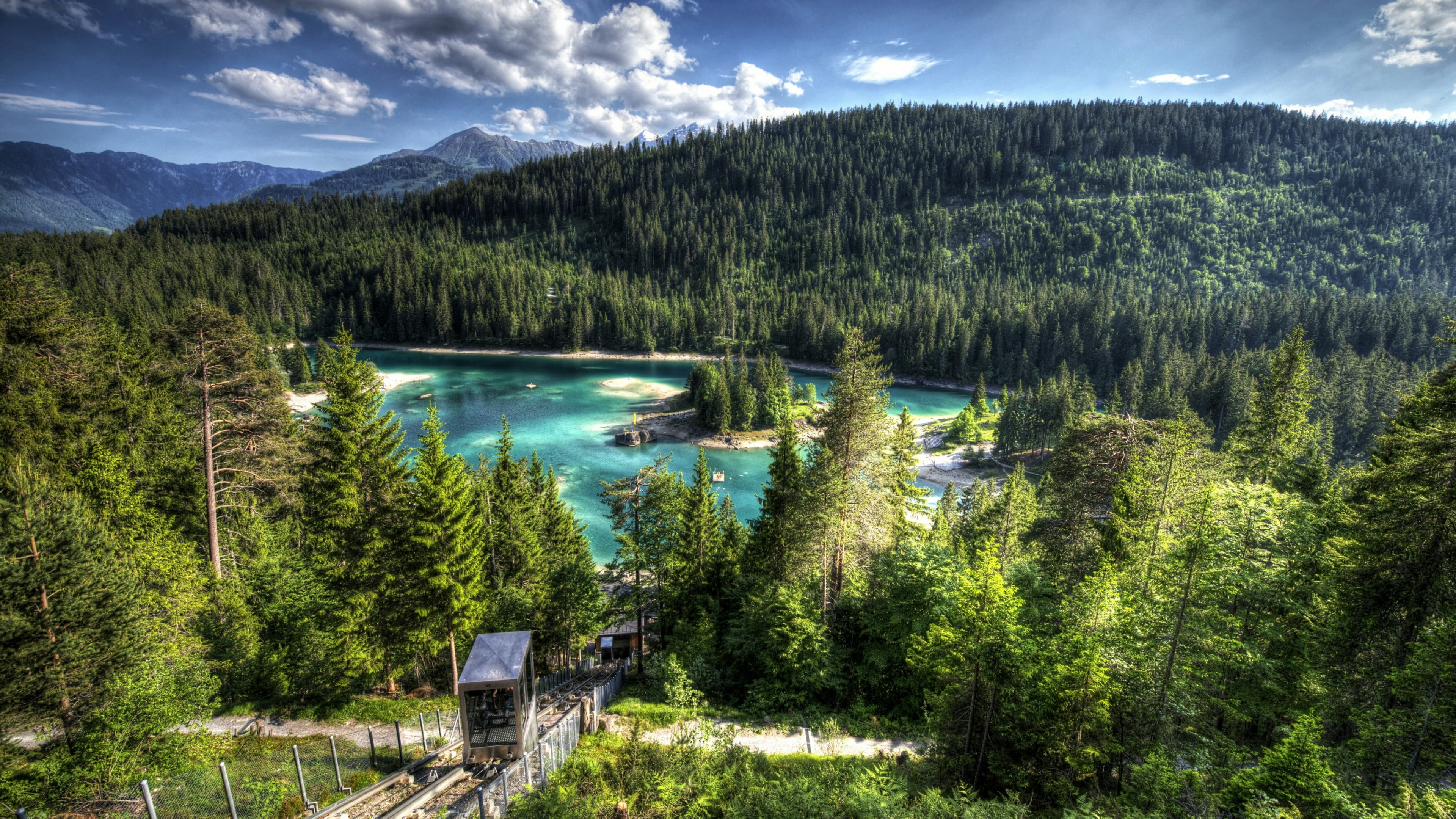 lake cauma, forest, tree, wilderness, land, scenics - nature, flims, pine tree, lake, coniferous tree, turquoise colored, outdoors, spruce fir forest, tranquil scene, HD Wallpaper