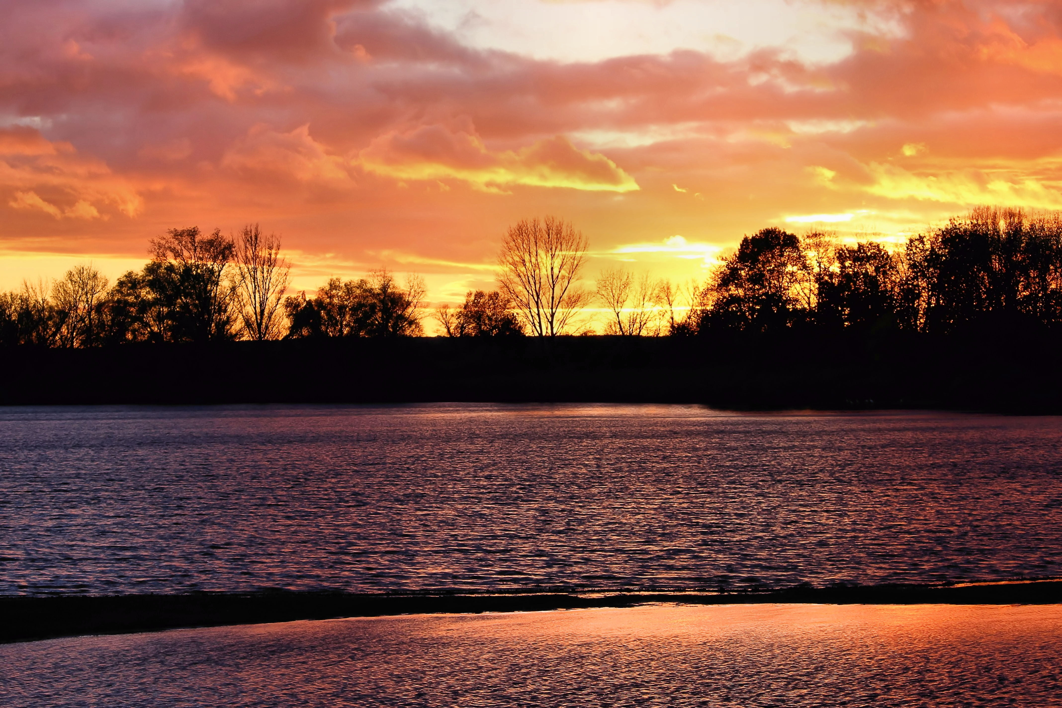 scenics - nature, romantic sky, beauty in nature, sky, plant, sunset, dusk, nature, tranquility, idyllic, orange color, no people, lake, 4K, abendstimmung, HD Wallpaper