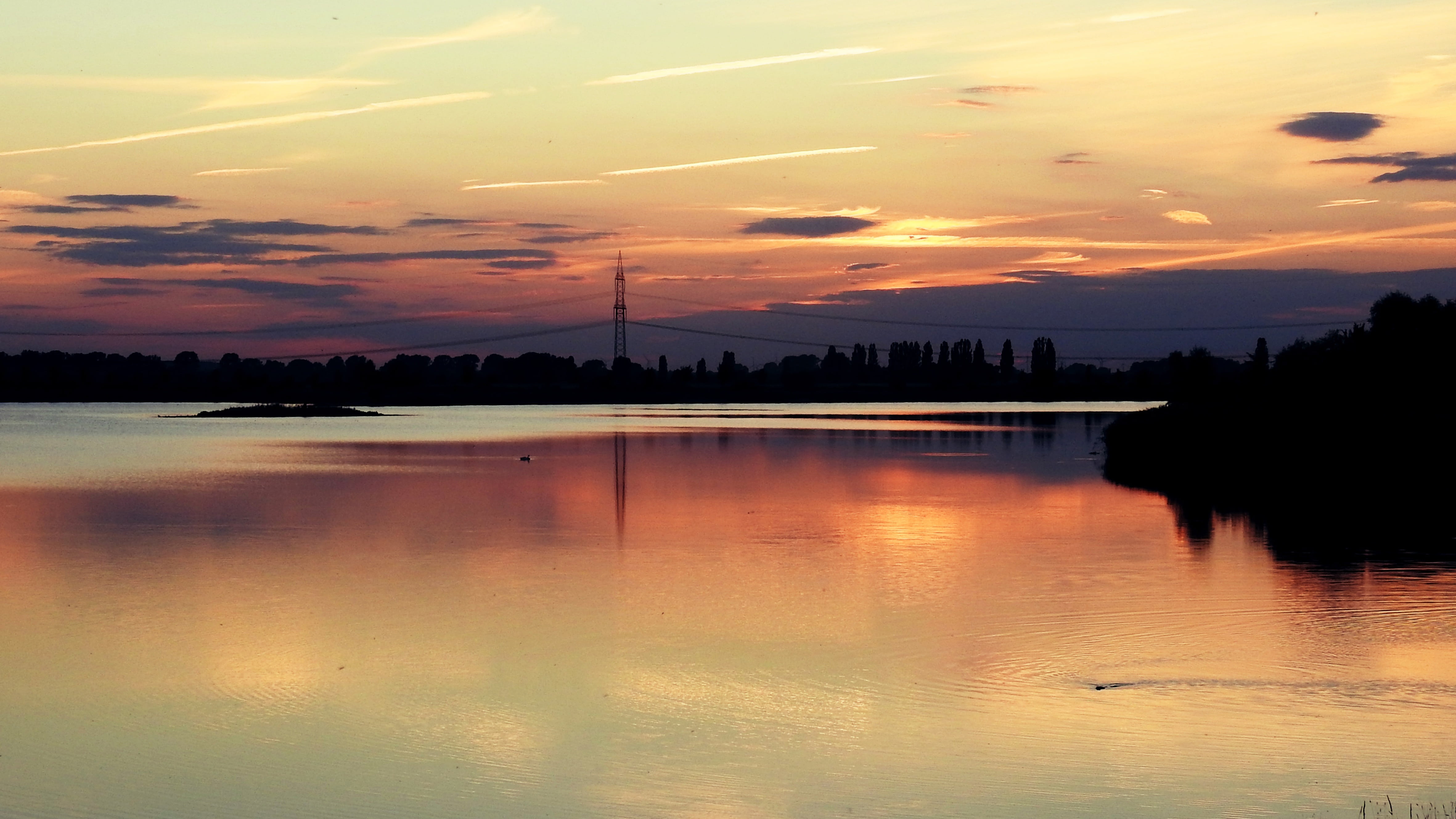 tree, sky, clouds, silhouette, water, lake, 4K, romantic sky, orange color, plant, waterfront, nature, tranquil scene, non-urban scene, silhuette, lake landscape, HD Wallpaper