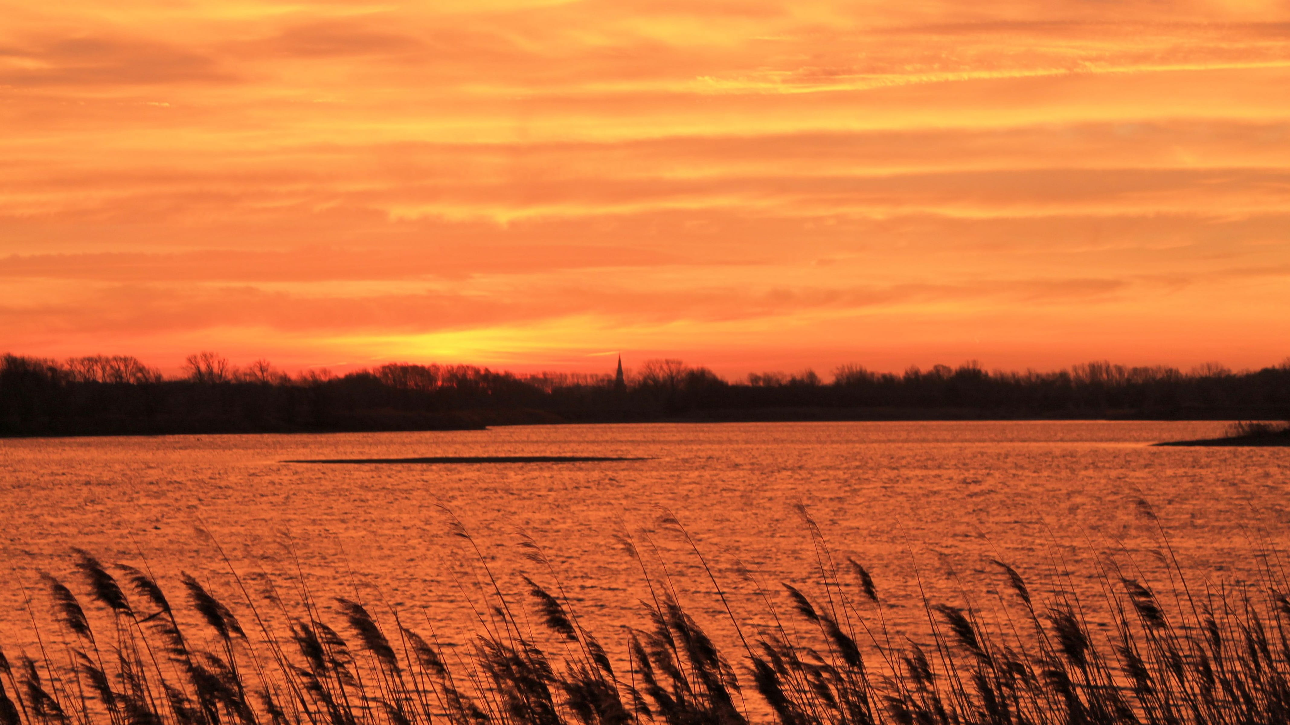 outdoors, orange color, silhuette, sun, water, sunlight, scenics, tranquility, romantic sky, nature, Sunset, beauty in nature, dramatic sky, Waters, tranquil scene, HD Wallpaper