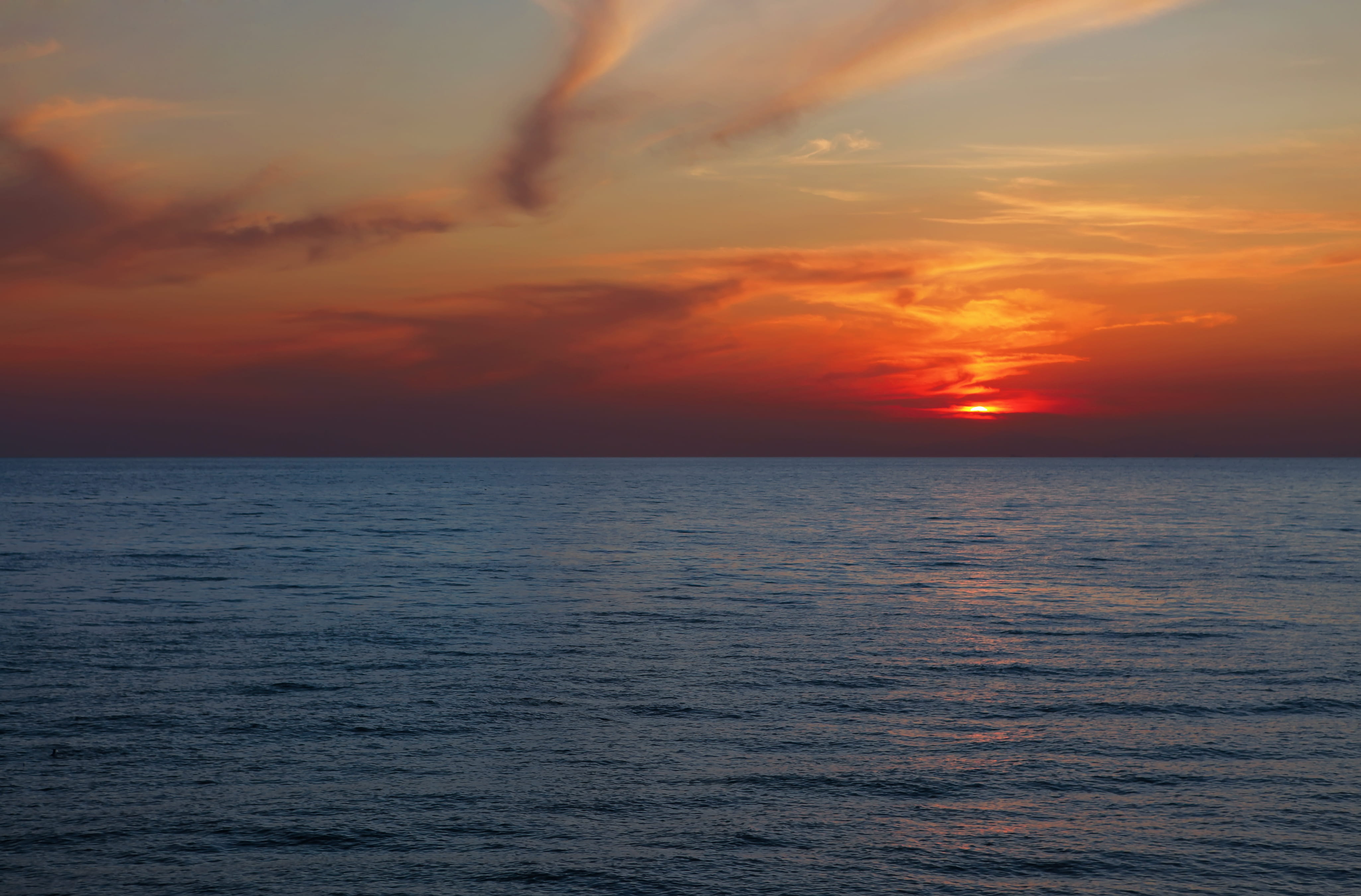 natural, scenic, view, tranquil scene, horizon over water, ocean, evening, sundown, sky, rural, orange color, sea, no people, idyllic, water, summer, clouds, HD Wallpaper