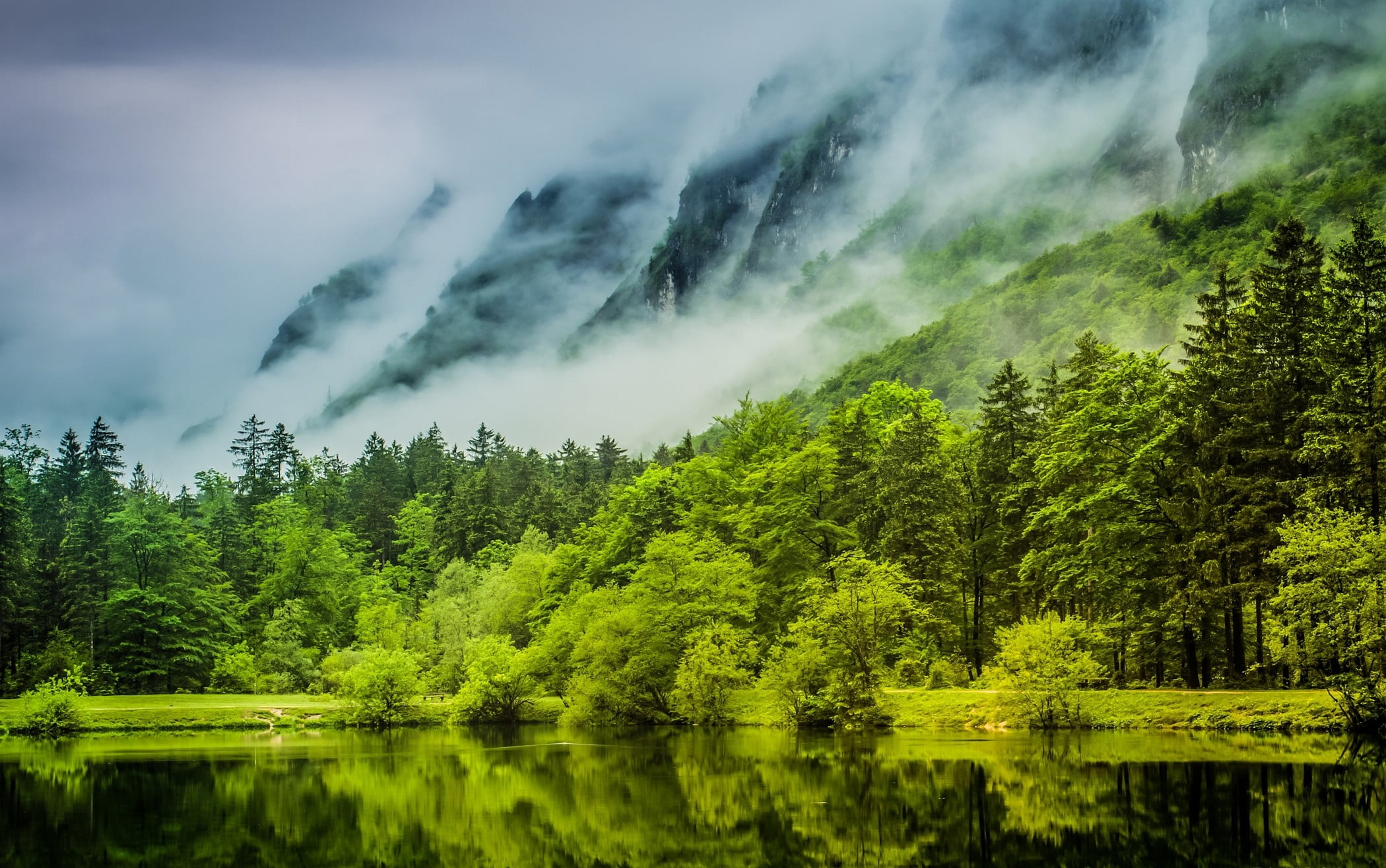 mountains, nature, reflection, mist, 1080P, tranquil scene, cloud - sky, day, beauty in nature, non-urban scene, green, scenics - nature, sky, water, coniferous tree, HD Wallpaper