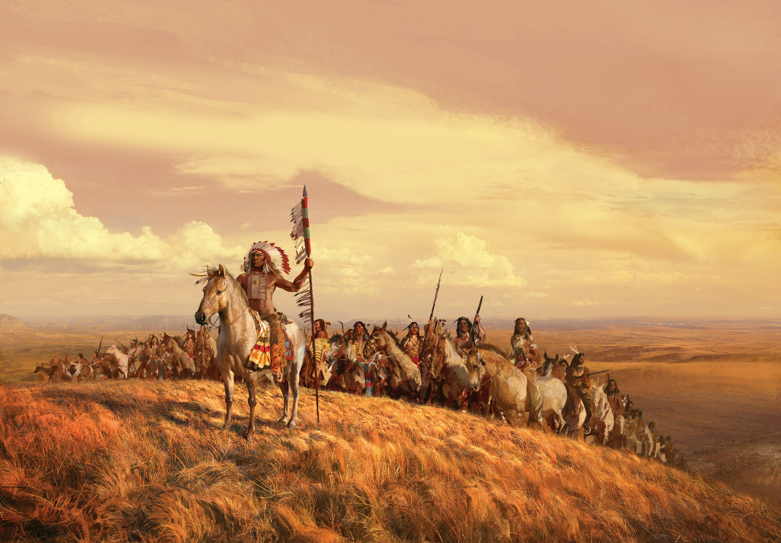 horse, clouds, nature, Native American Clothing, spear, Native Americans, Hills, painting, feathers, artwork, 2K, HD Wallpaper
