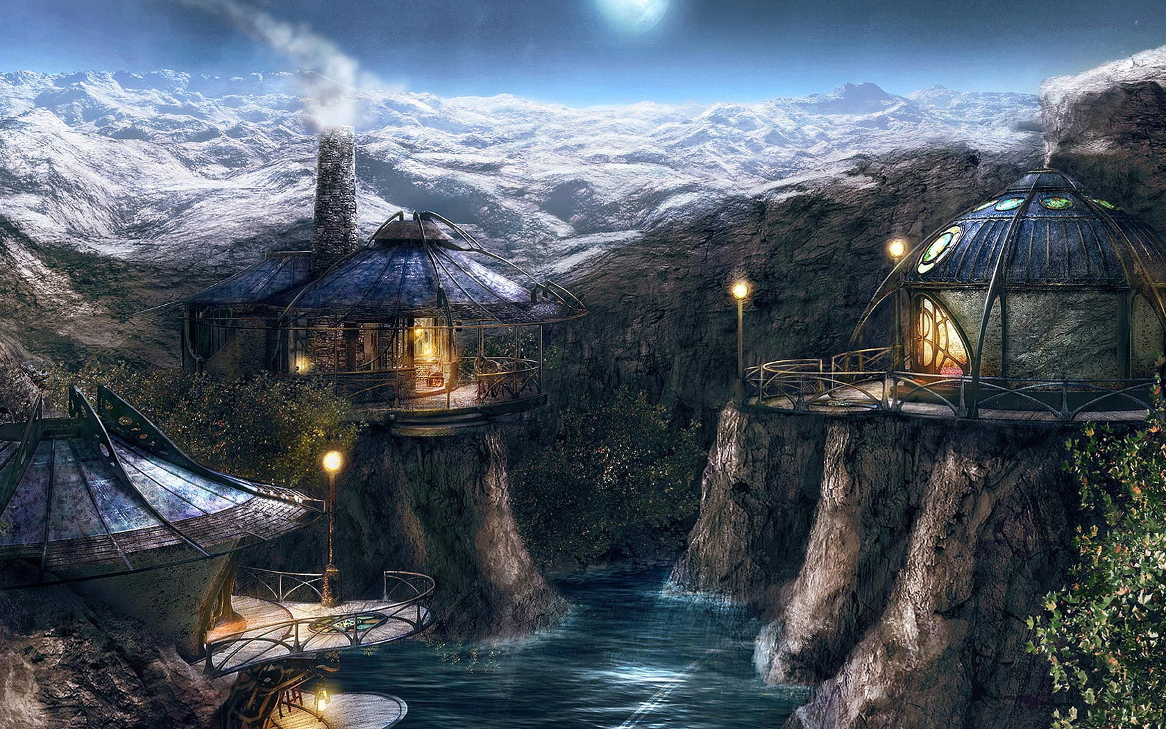 outdoors, winter, houses, nature, water, fantasy art, tranquility, tranquil scene, mountain, built structure, no people, Myst: Revelation, cold temperature, HD Wallpaper
