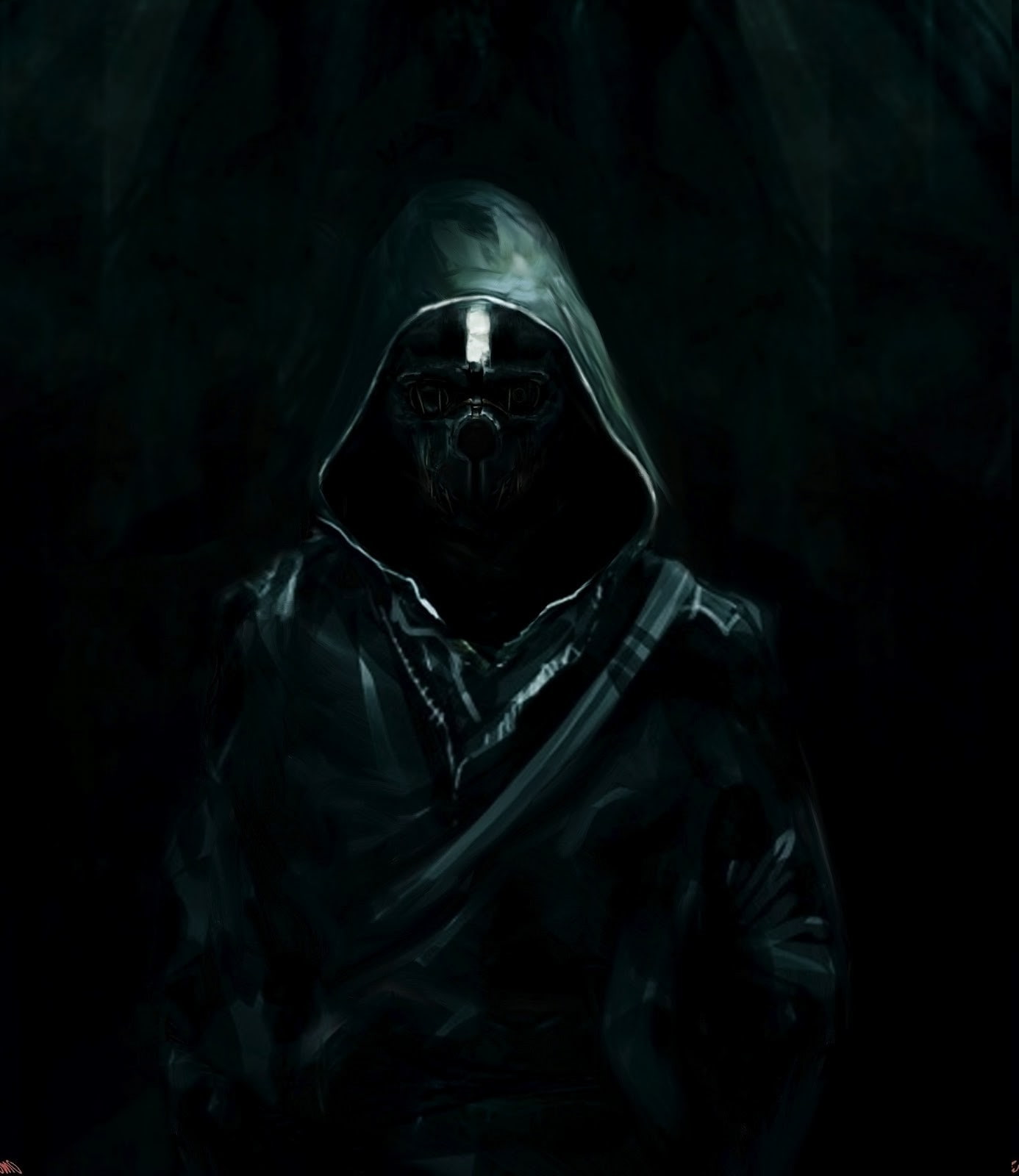one person, hood - clothing, spooky, portrait, celebration, aggression, looking at camera, adult, men, black background, dishonored fan art corvo video games, Phone HD Wallpaper