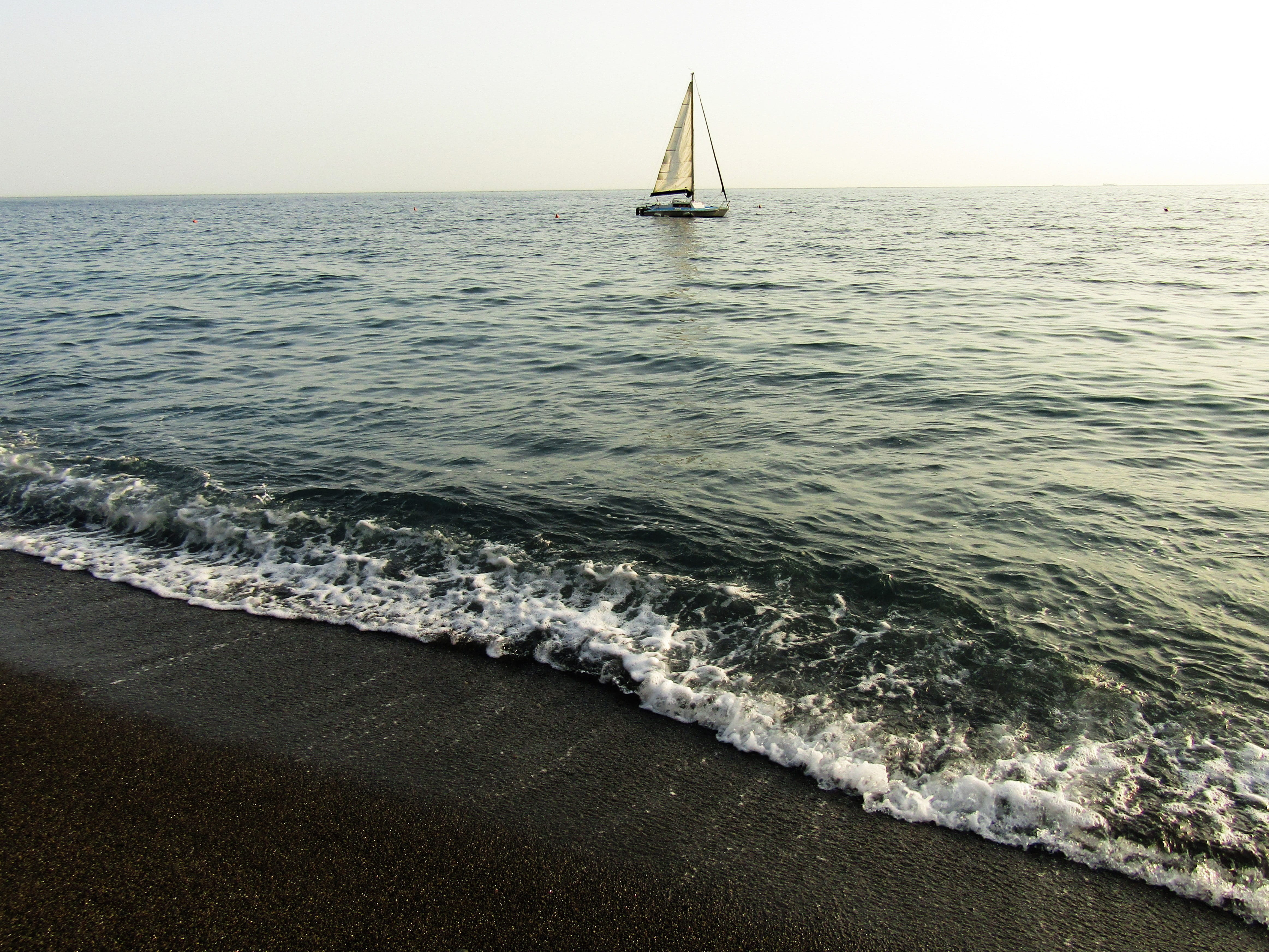 sky, transportation, beauty in nature, 4K, sailing, waves, holidays, ligury, yachting, no people, black sand, punta corvo, outdoors, sea, land, nautical vessel, HD Wallpaper