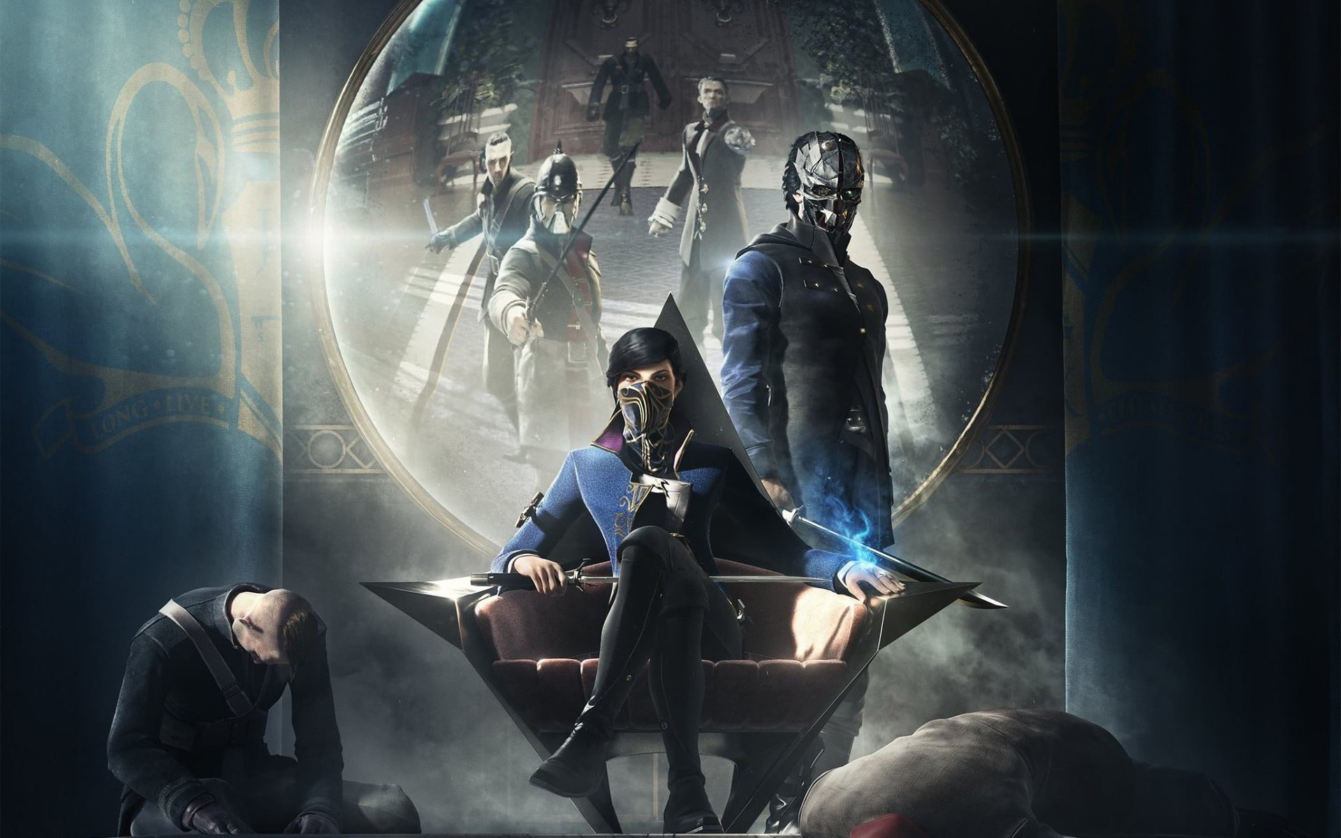 digital composite, two people, real people, game, dishonored, lighting equipment, hd, contemplation, young women, posters, 1080P, technology, full length, HD Wallpaper