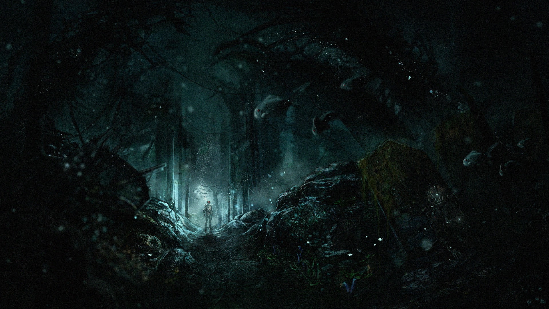 underwater, rock - object, dark, no people, SOMA, solid, forest, low angle view, nature, beauty in nature, cave, video games, 1080P, fear, mystery, geology, HD Wallpaper