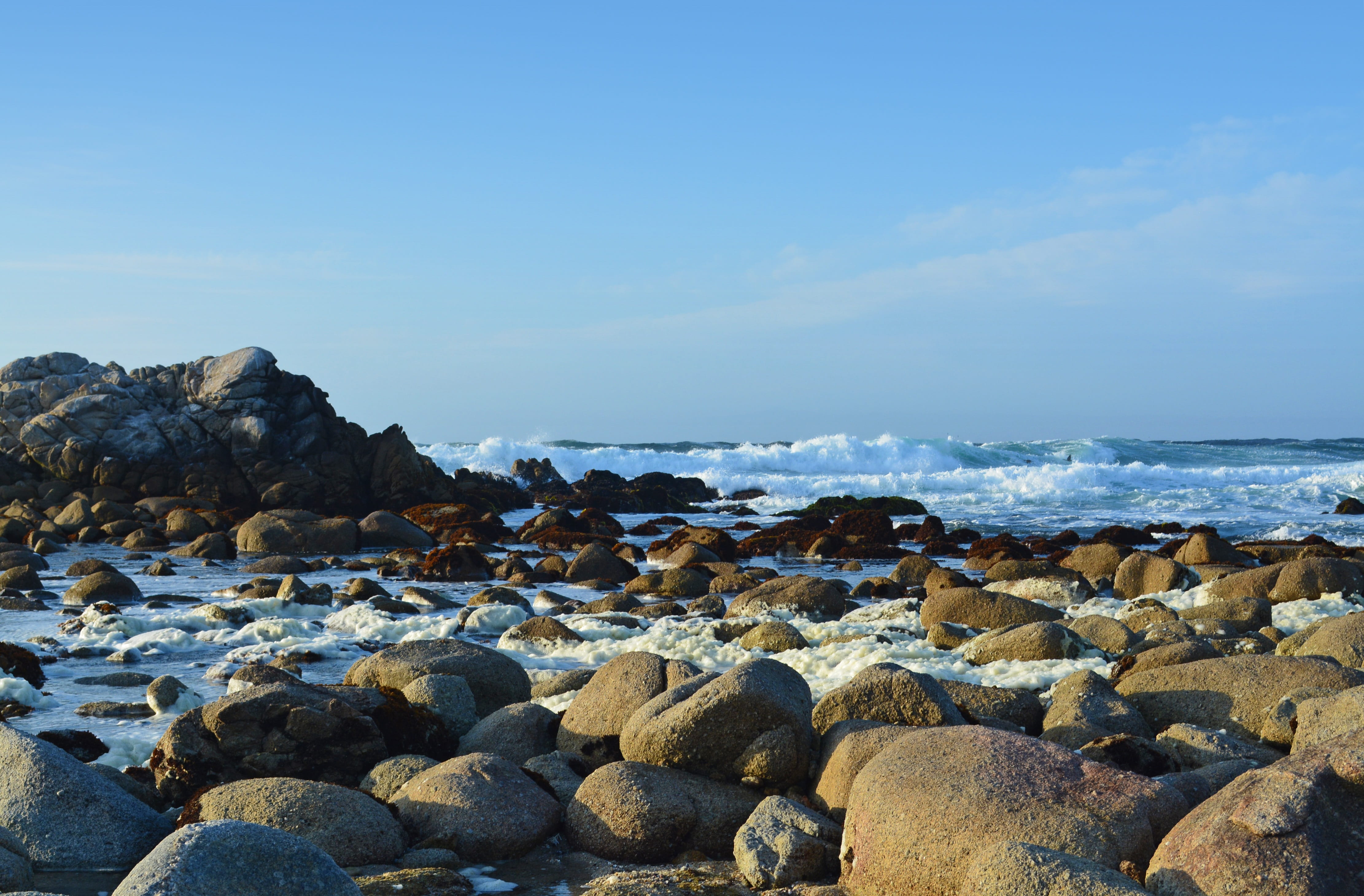 horizon, monterey, pebble, idyllic, outdoors, sea, scenics - nature, tranquil scene, horizon over water, california, rock - object, beach, water, wave, HD Wallpaper