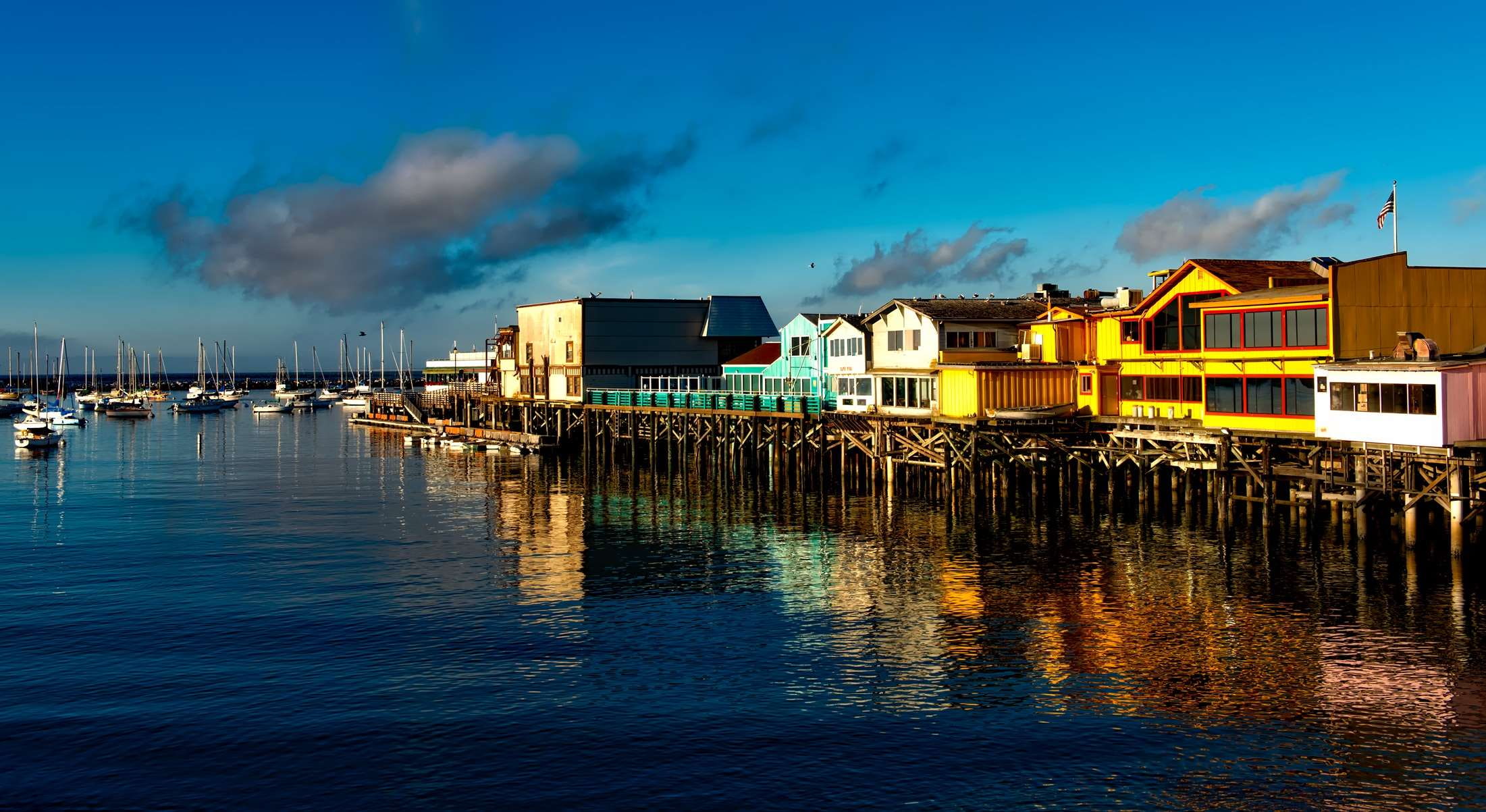 ships, mode of transportation, vacation, monterey, residential district, historic, buildings, holiday, building, reflection, sky, clouds, built structure, HD Wallpaper