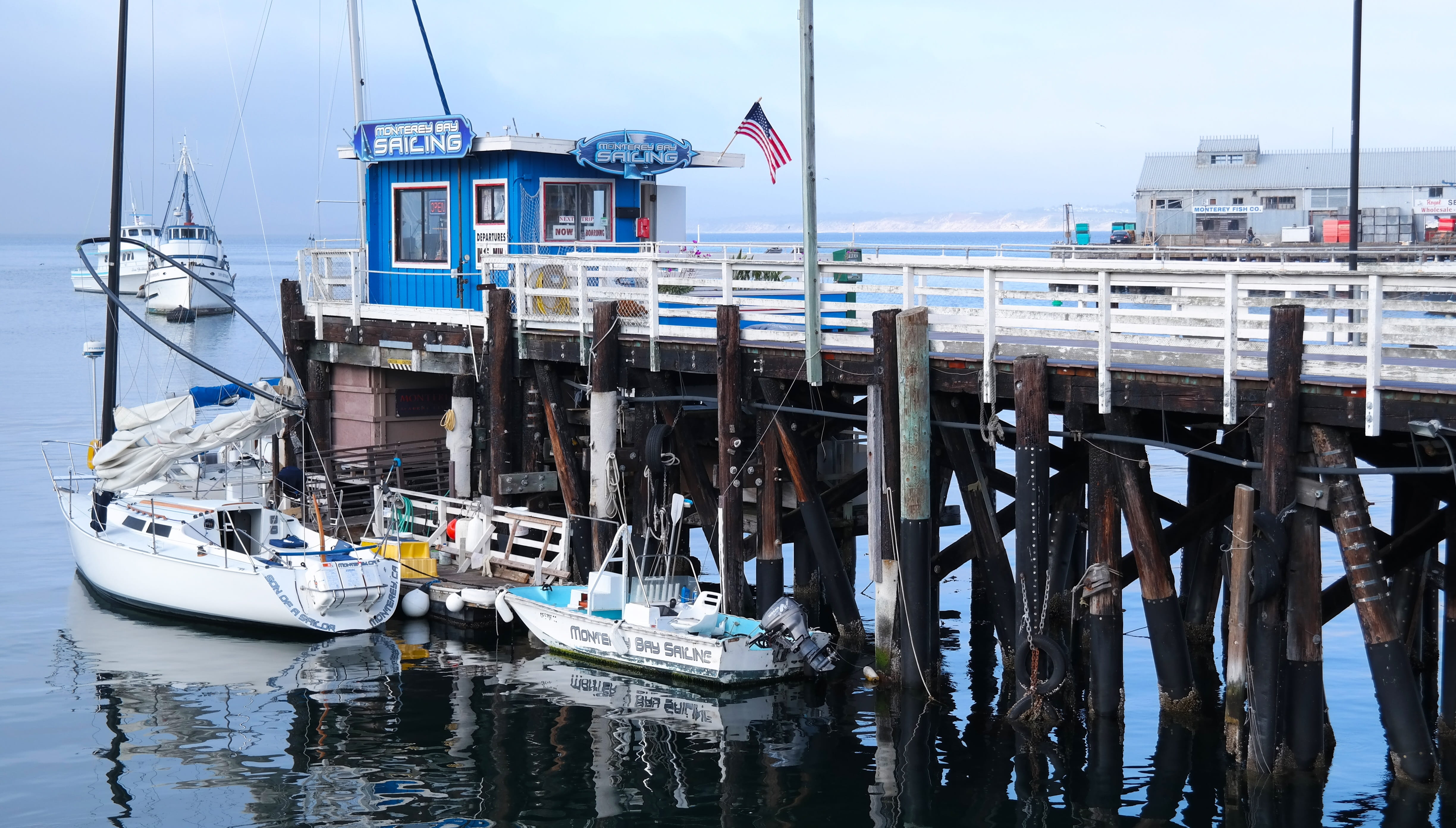 sailboat, nature, usa, sea, outdoors, Water, Port, harbor, building exterior, day, pier, mode of transportation, architecture, transportation, 4K, Monterey Bay, HD Wallpaper