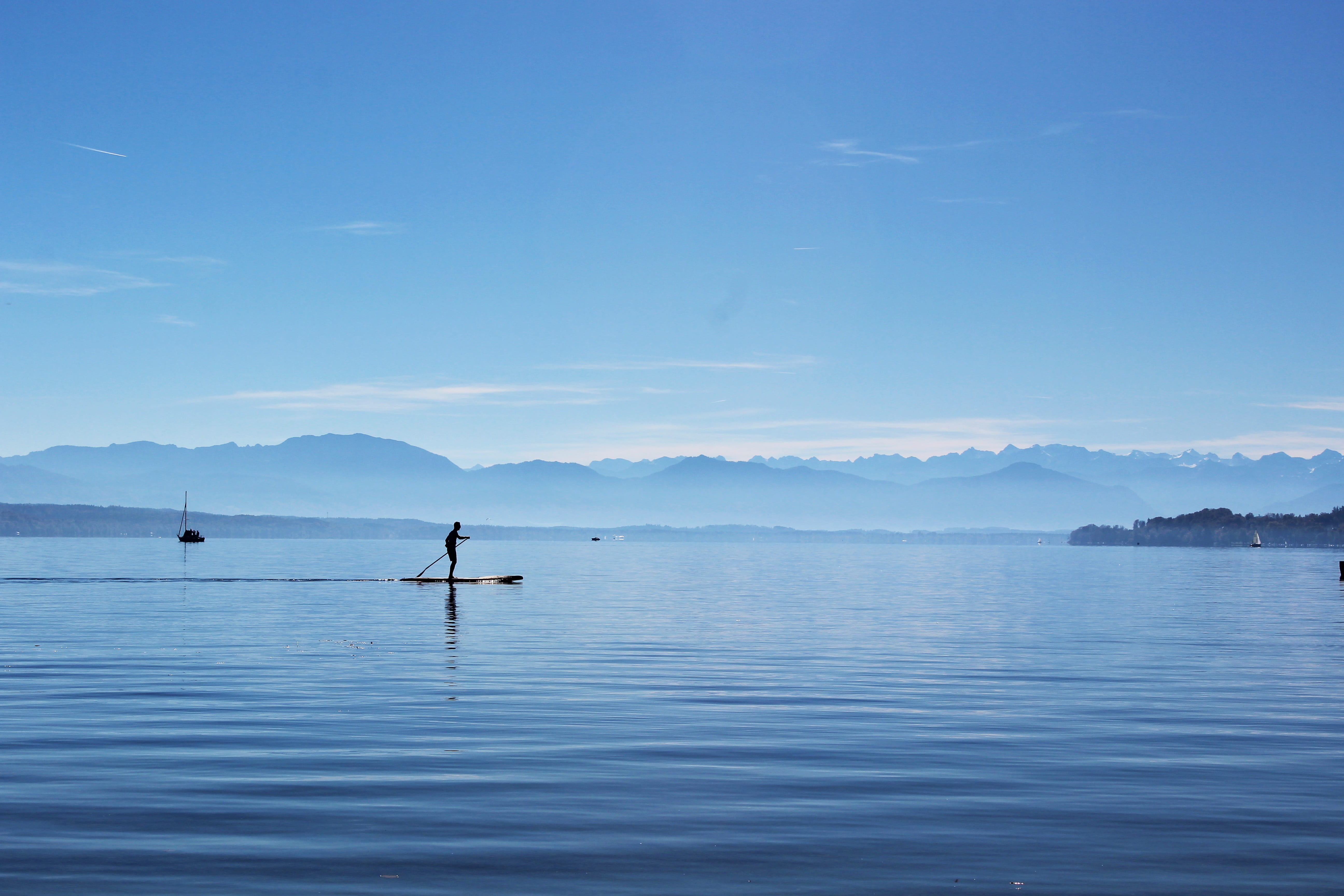 tutzing, nautical vessel, stand up paddle, scenics - nature, outdoors, starnberger see, mountains, sea, tranquil scene, beauty in nature, mountain, nature, HD Wallpaper
