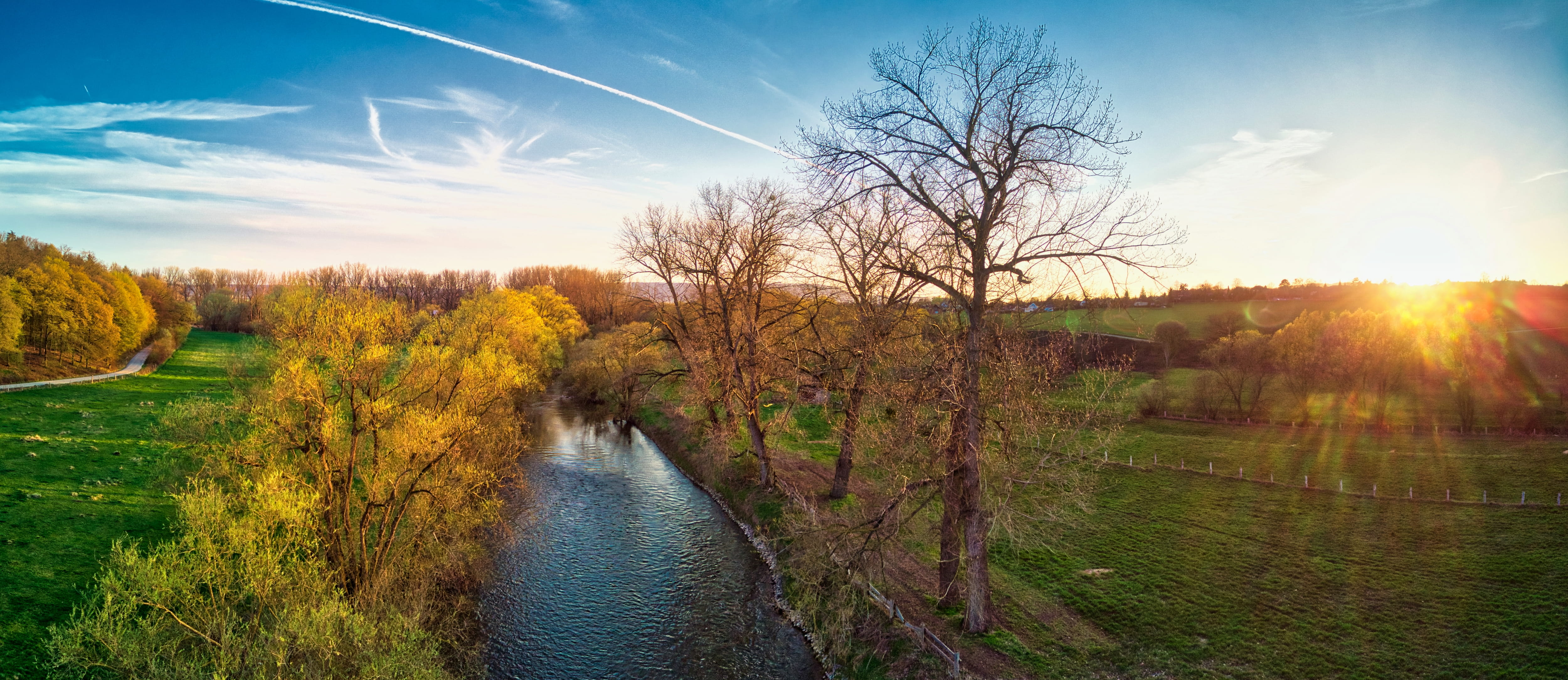 germany, nature, landschaft, landscape, dji, river, sky, ditch, 4K, tree, sun, scenery, beauty in nature, burgstemmen, hildesheim, lens flare, canal, no people, HD Wallpaper