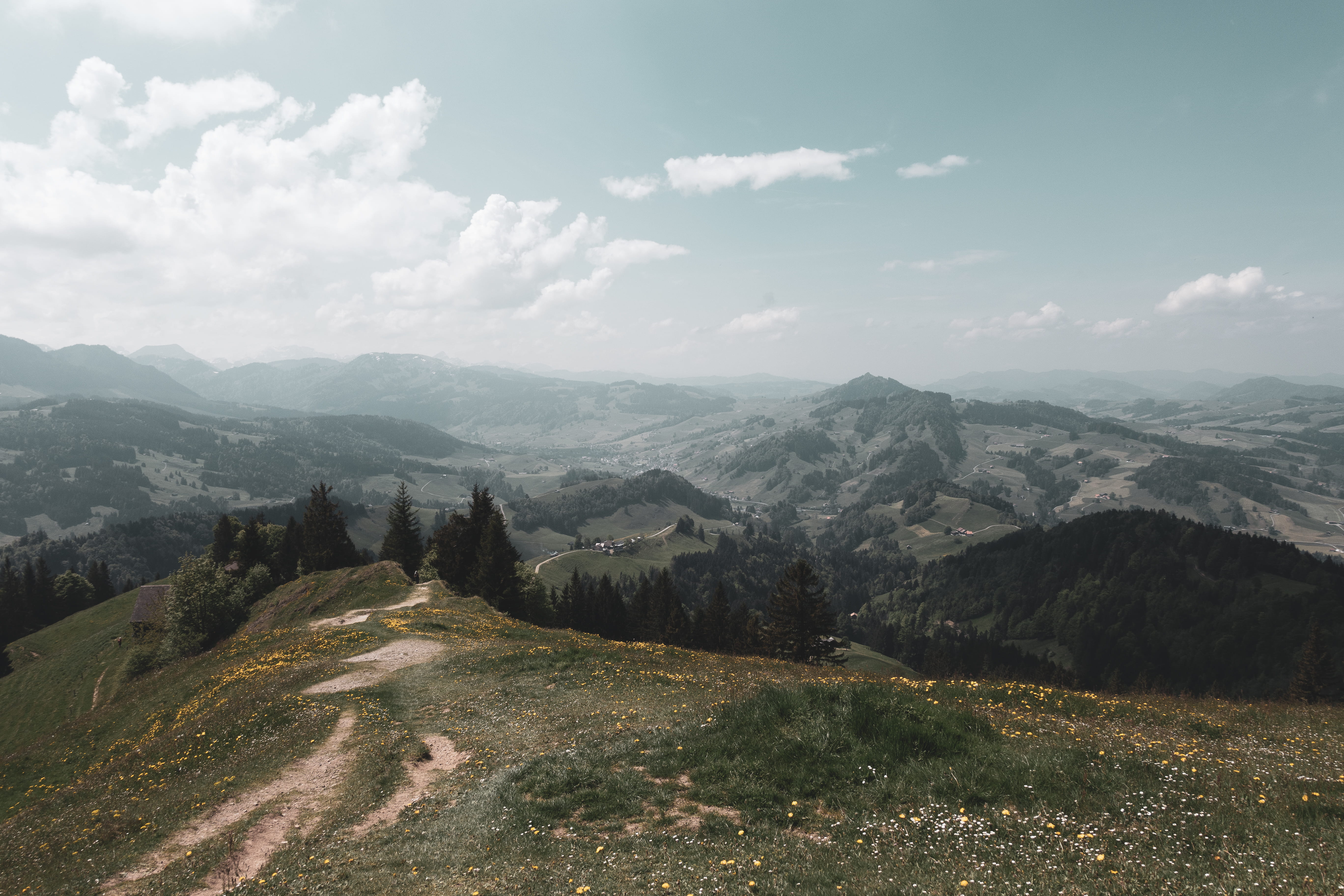 sky, scenics - nature, cloud - sky, outdoors, 5K, landscape, switzerland, tree, hill, view, tranquil scene, environment, non-urban scene, mountain peak, HD Wallpaper