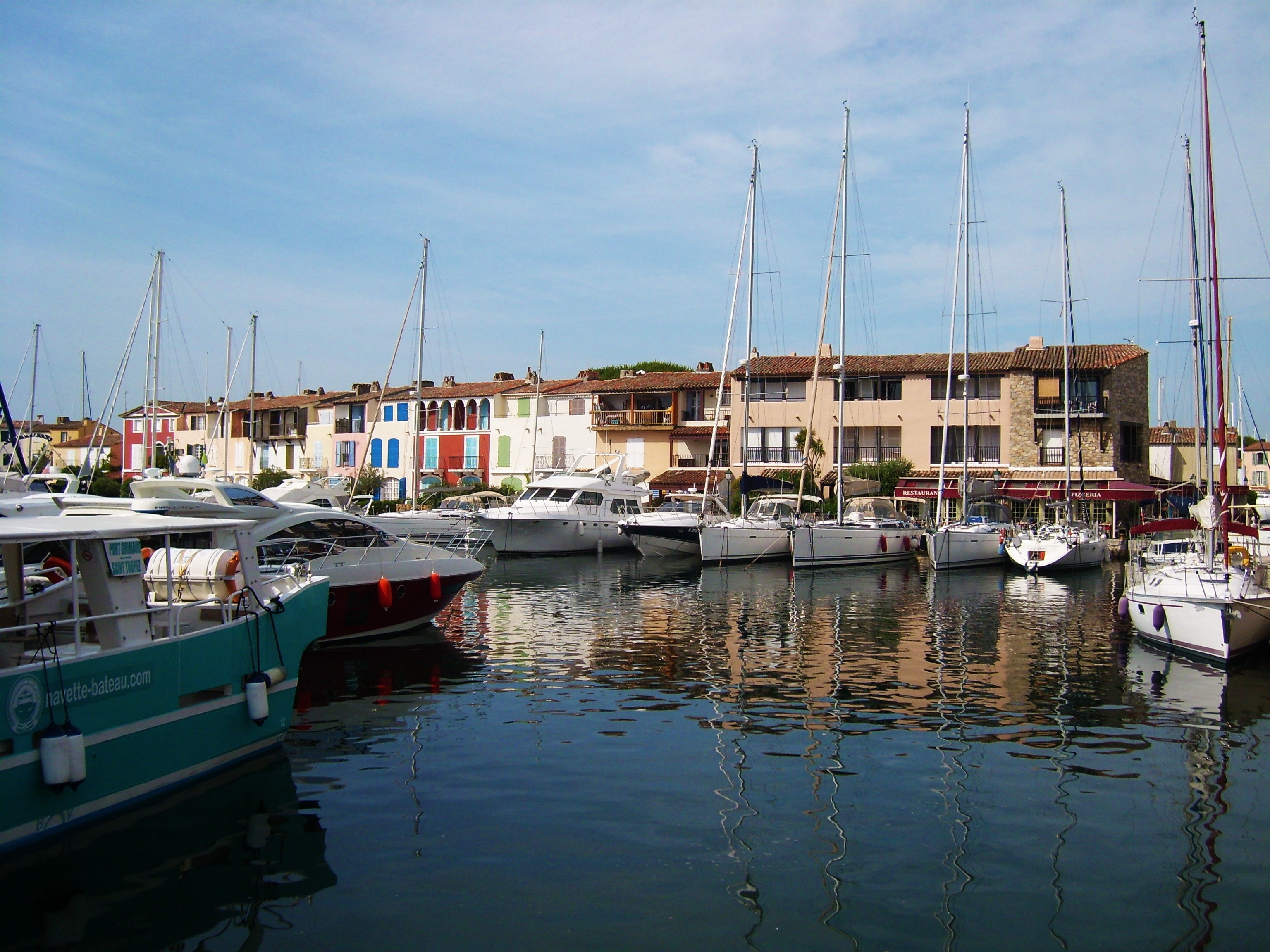 moored, sky, france, water courses, port grimaud, day, anchored, waterway, sailboat, architecture, wooden post, transportation, reflections, harbor, building exterior, HD Wallpaper