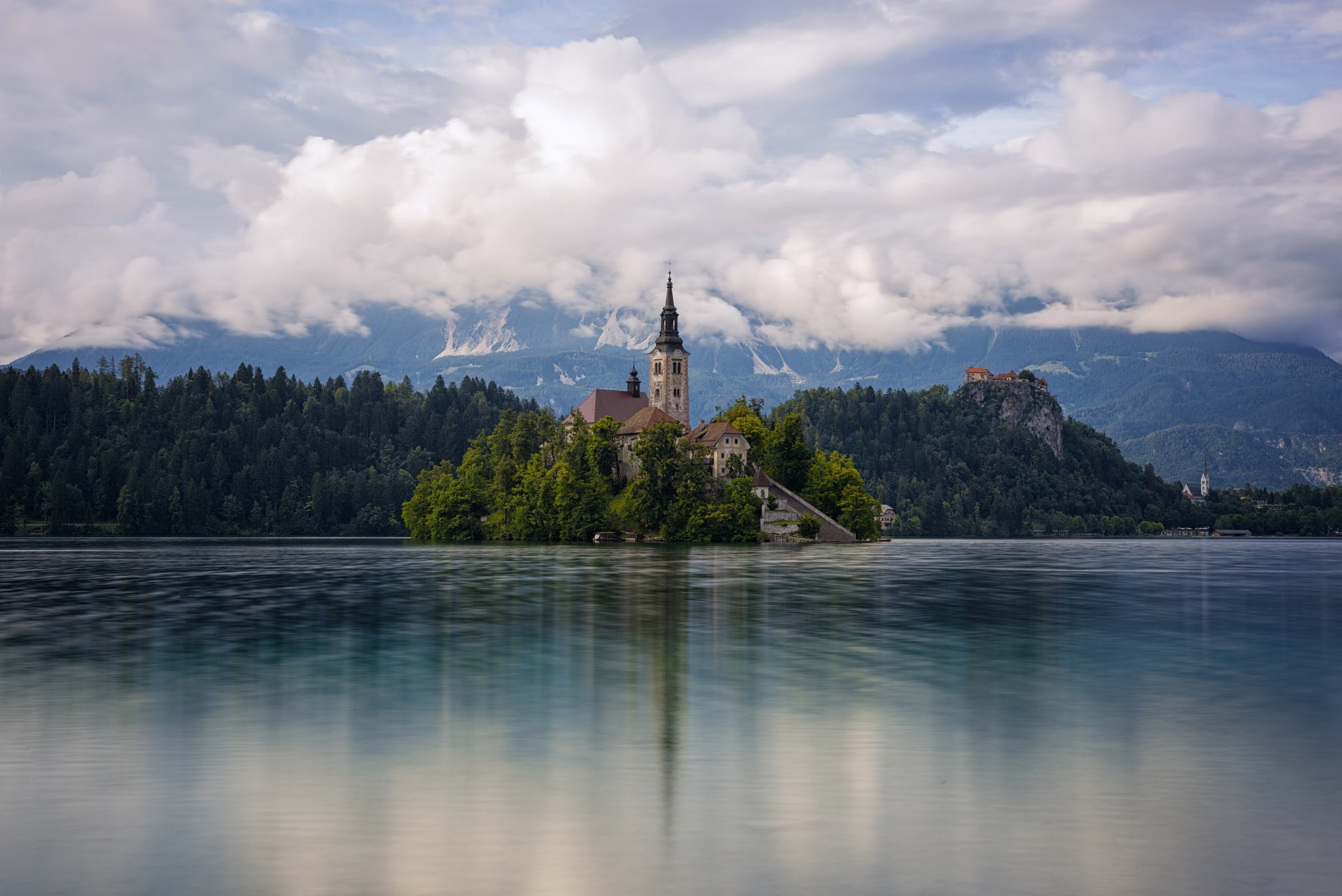 Bled, Slovenia, tower, church, beside, island, 1080P, concrete, sea, sky, clouds, white, scenery, lake, HD Wallpaper