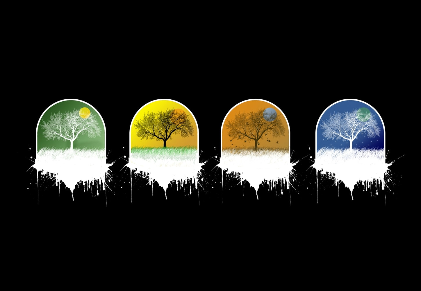 art, autumn, seasons, black, background, hd, 720P, x, Winter, nature, minimalistic, trees, summer, spring, HD Wallpaper