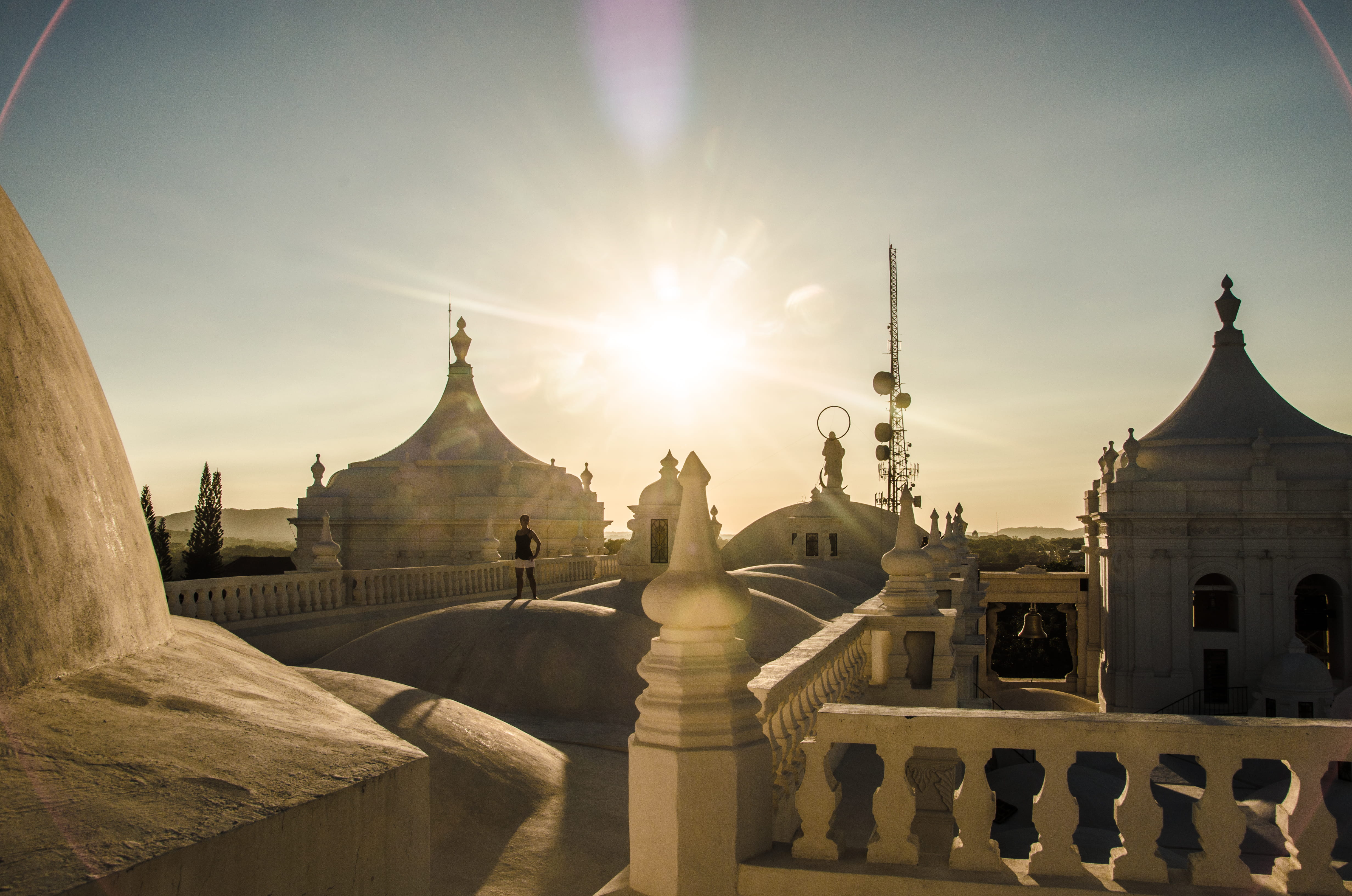 4K, roof, building exterior, lens flare, sunset, belief, history, nicaragua, place of worship, church, the past, tourism, built structure, sunlight, león, HD Wallpaper