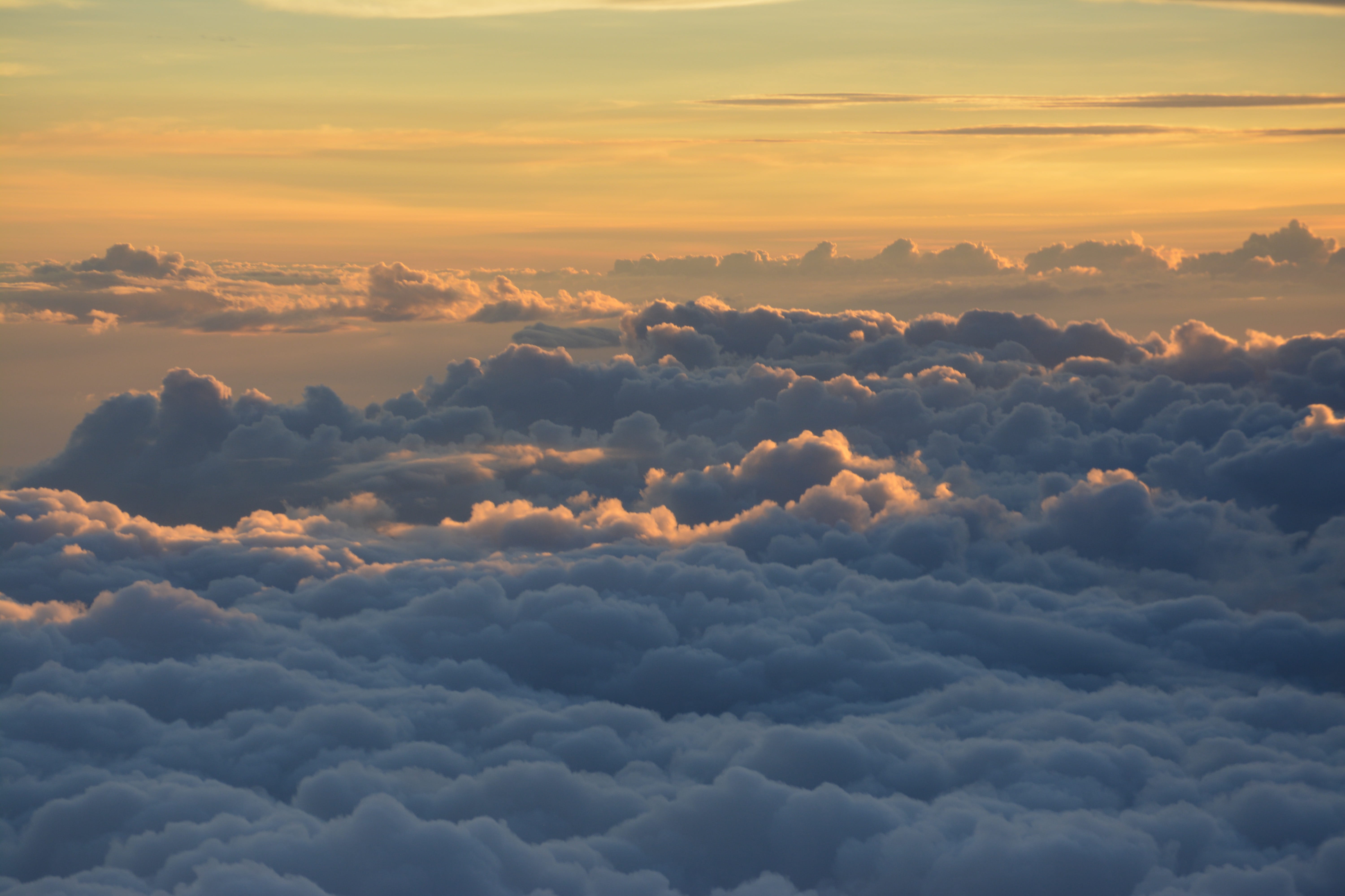 idyllic, beauty in nature, above, orange color, cloud - sky, aerial view, sky, cloudscape, no people, dramatic sky, 5K, sunset, non-urban scene, romantic sky, HD Wallpaper