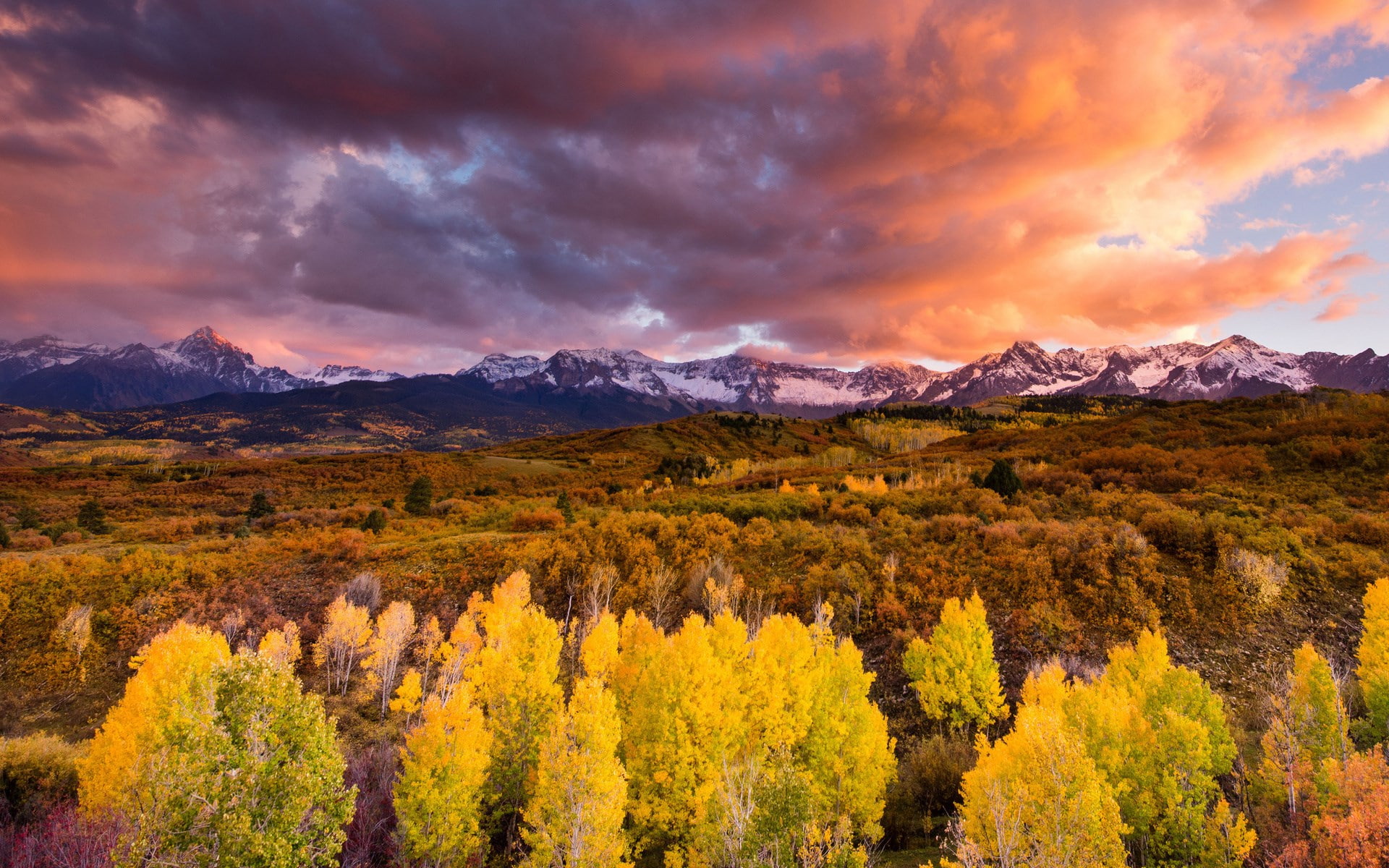 tranquil scene, land, outdoors, environment, tree, mountain, beauty in nature, mountain range, cloud - sky, orange color, autumn, plant, windows backgrounds nature for pc 1920x1200, HD Wallpaper
