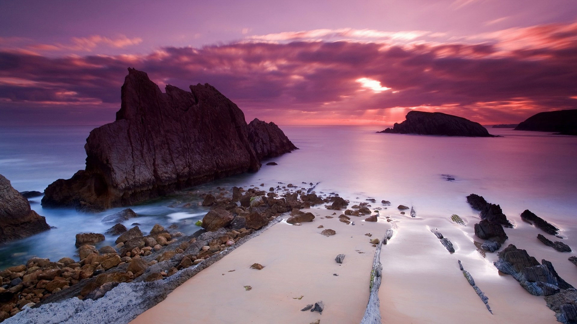 scenics - nature, rock formation, horizon over water, beauty in nature, purple, outdoors, landscape, rock - object, nature, solid, long exposure, sunset, HD Wallpaper
