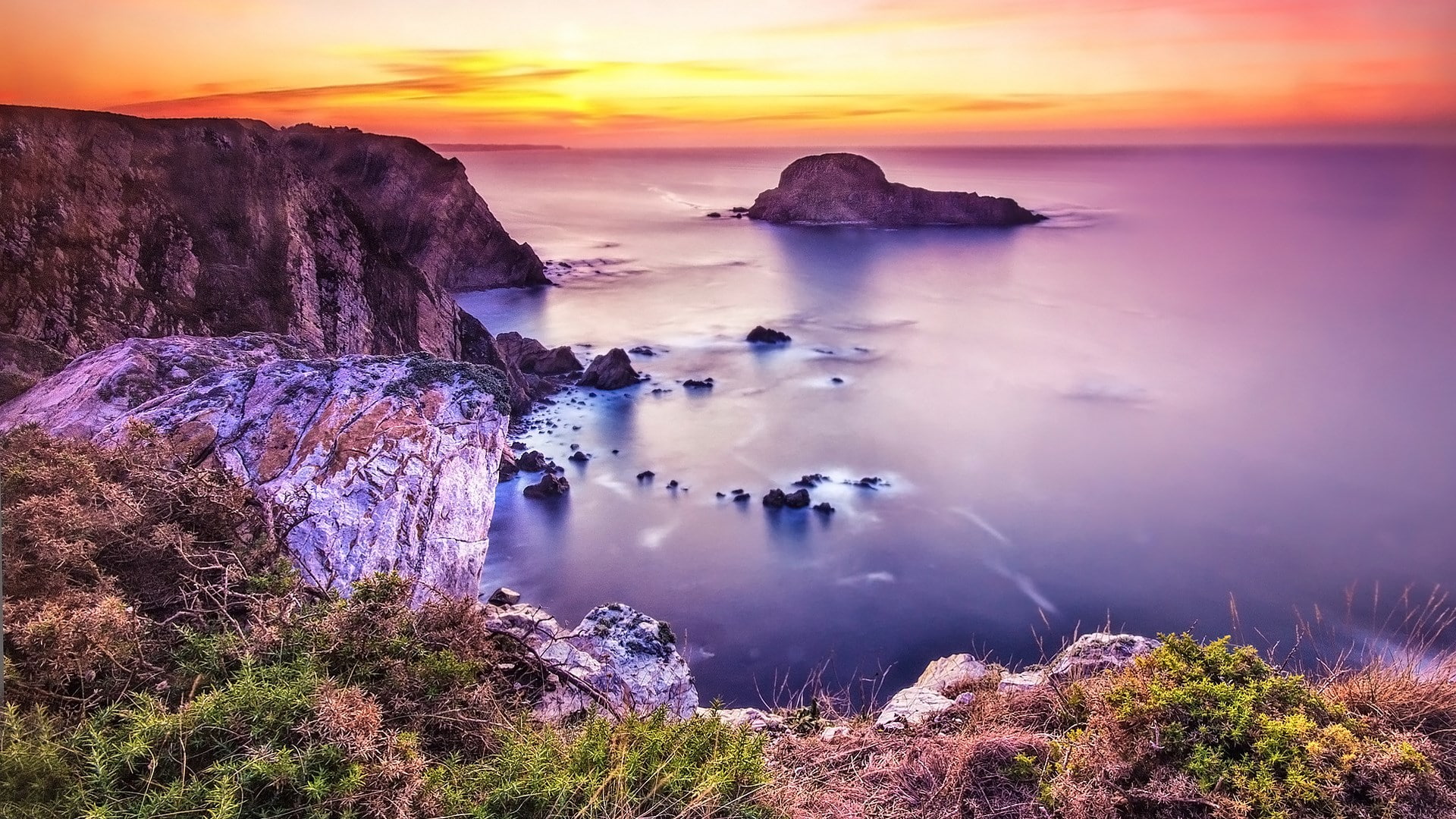 nature, land, tranquil scene, 1080P, outdoors, rock, purple, tranquility, sunset, non-urban scene, solid, horizon over water, beauty in nature, rock - object, HD Wallpaper