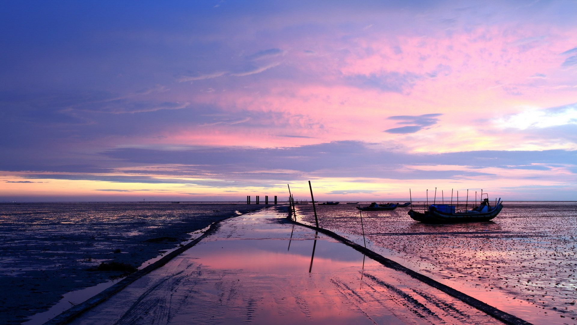 tranquility, beauty in nature, nautical vessel, beach, download nature  for pc 1920x1080, 1080P, sunset, moored, water, cloud - sky, idyllic, transportation, HD Wallpaper