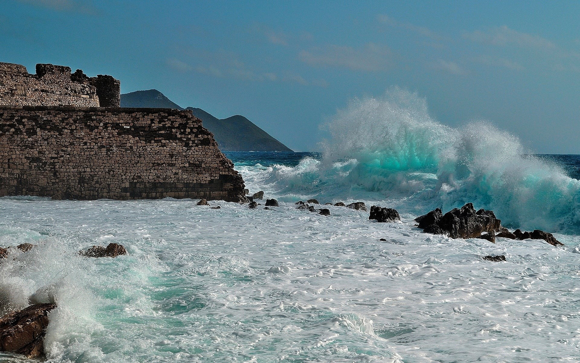 environment, power in nature, wave, splashing, sky, hitting, beauty in nature, nature, outdoors, sea, solid, scenics - nature, day, land, motion, download full size nature  1920x1200, HD Wallpaper