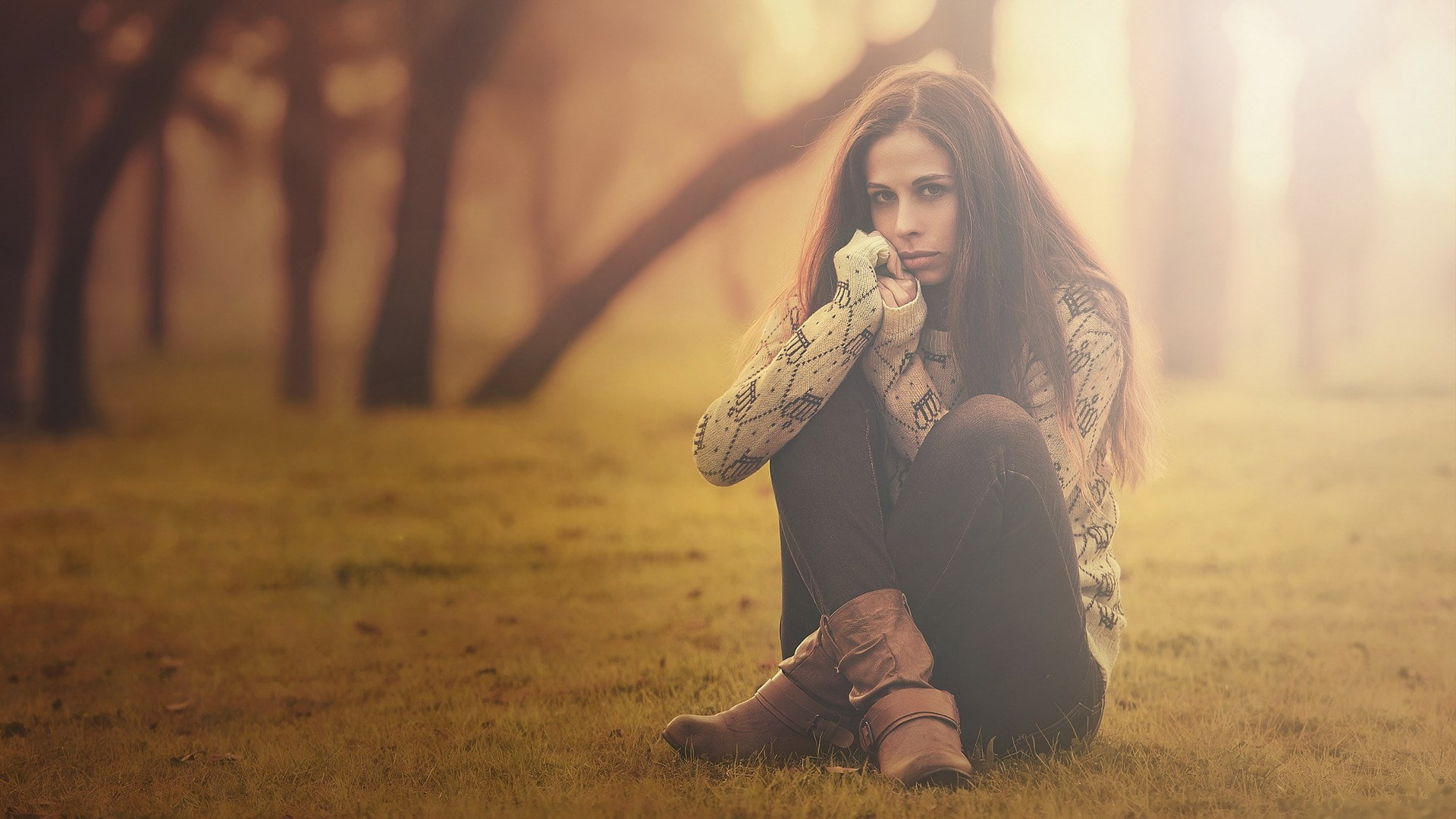 lifestyles, hairstyle, forest, pc  girl 1920x1080, clothing, young adult, outdoors, contemplation, portrait, adult, scarf, 1080P, tree, plant, beautiful woman, HD Wallpaper