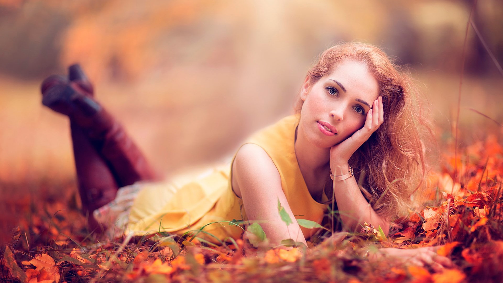 forest, beauty, one person, plant, beautiful people, adult, lying down, autumn, fashion, hairstyle, pc  girl 1920x1080, smiling, hair, portrait, young adult, HD Wallpaper