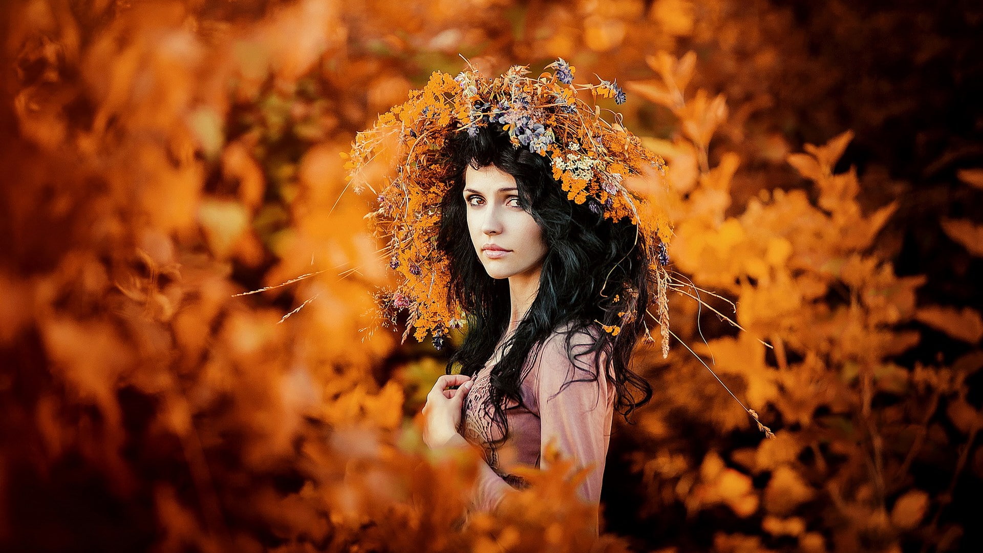 change, tree, hairstyle, front view, portrait, selective focus, beautiful woman, adult, one person, pc  girl 1920x1080, nature, 1080P, leaves, autumn, HD Wallpaper