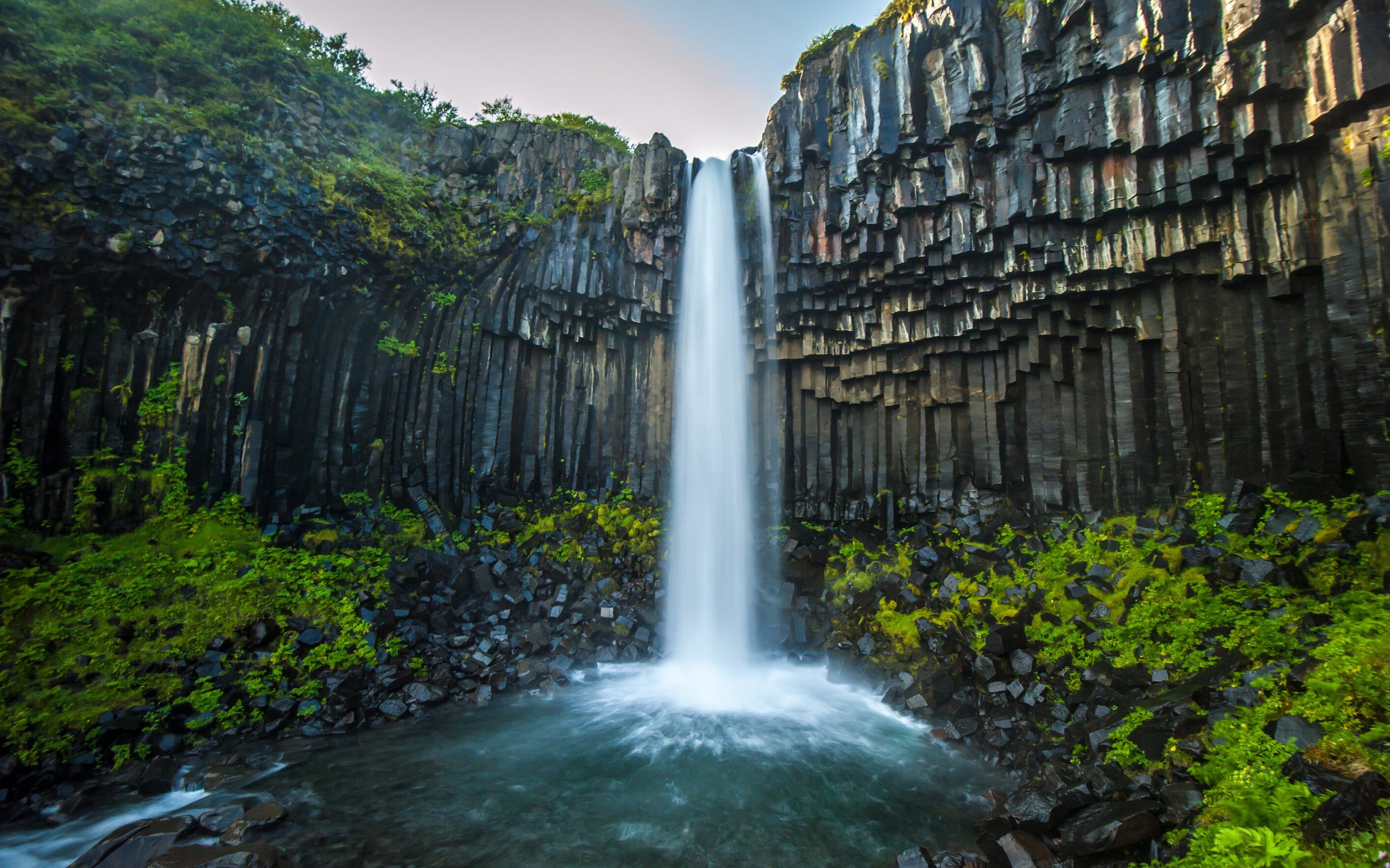 waterfall, nature, rock, water, river, greenery, falls, 2K, HD Wallpaper