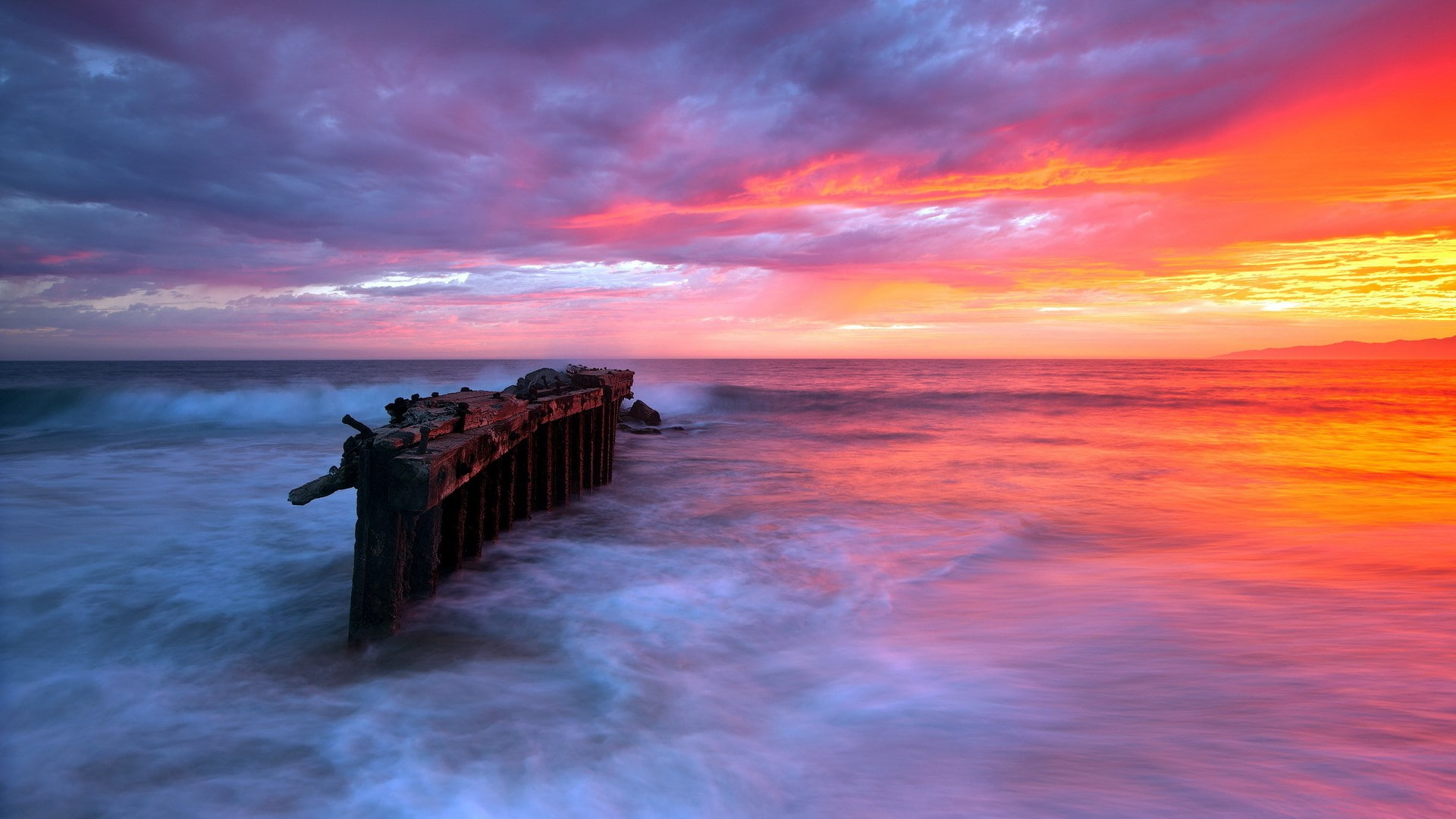 wooden post, dramatic sky, beauty in nature, seascape, wave, beach, sunset, long exposure, nature, horizon, pc  nature hd pictures 1920x1080, dusk, sea, HD Wallpaper