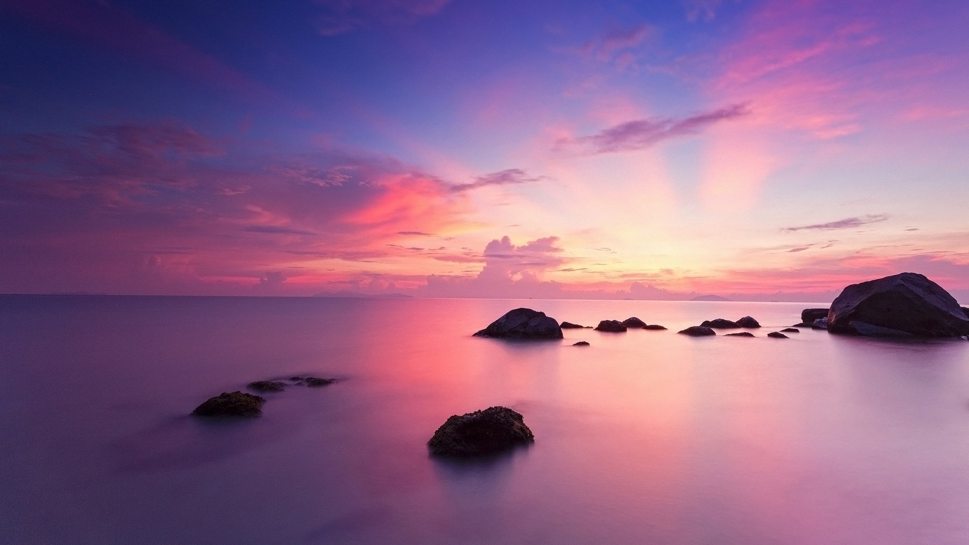 seascape, nature, water, tranquility, scenics - nature, purple, no people, horizon over water, long exposure, land, rock, sky, beauty in nature, pc  nature hd pictures 1920x1080, HD Wallpaper