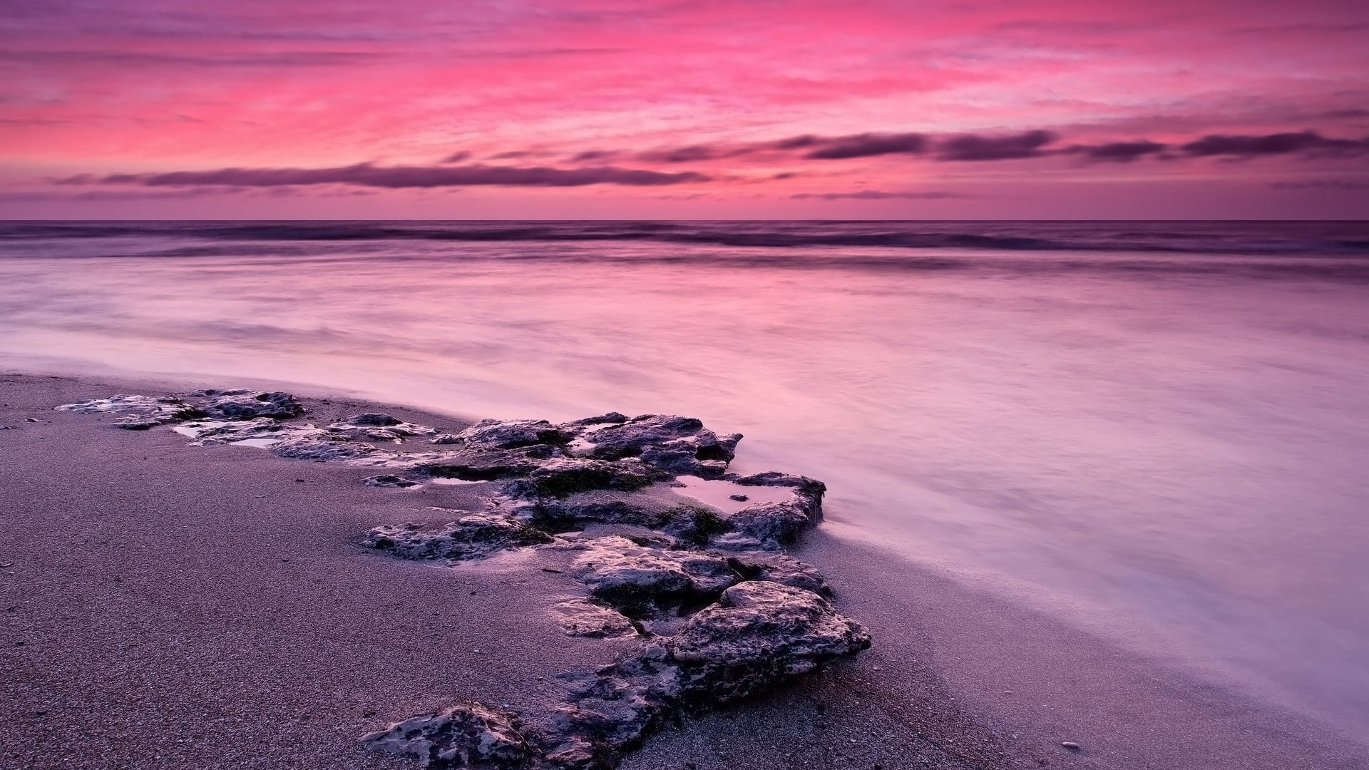rock - object, cloud - sky, pink color, scenics - nature, purple, sunset, rocky coastline, romantic sky, 1080P, solid, beach, no people, water, land, rock, HD Wallpaper