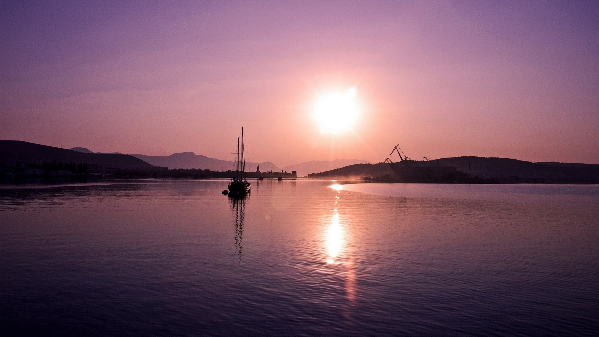 beauty in nature, idyllic, sea, nature, sailboat, 1080P, water, mode of transportation, tranquility, sunset, sky, scenics - nature, tranquil scene, mountain, HD Wallpaper