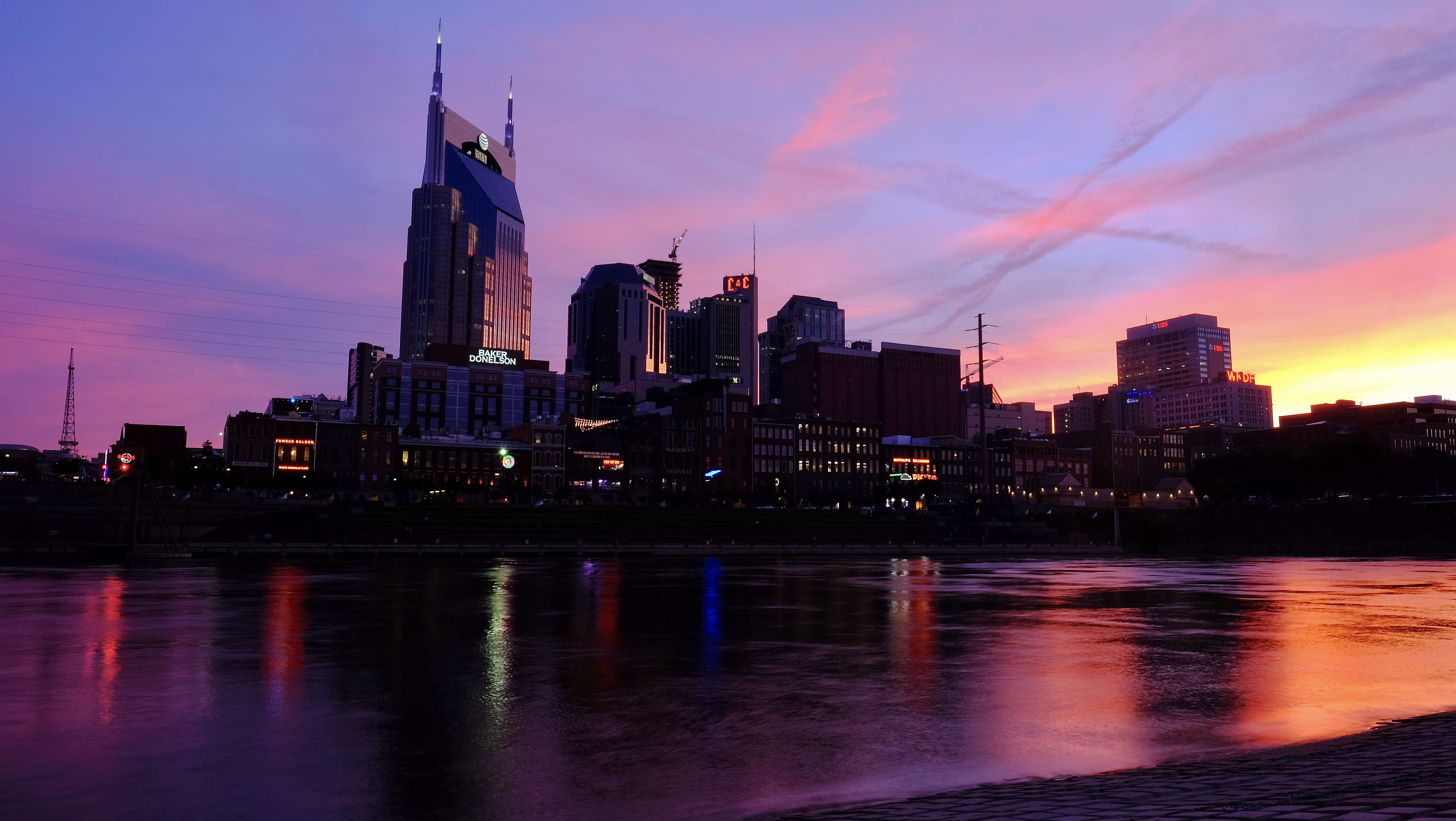 building, urban skyline, tall - high, illuminated, waterfront, spire, sky, city, reflection, sunset, building exterior, cityscape, outdoors, united states, HD Wallpaper