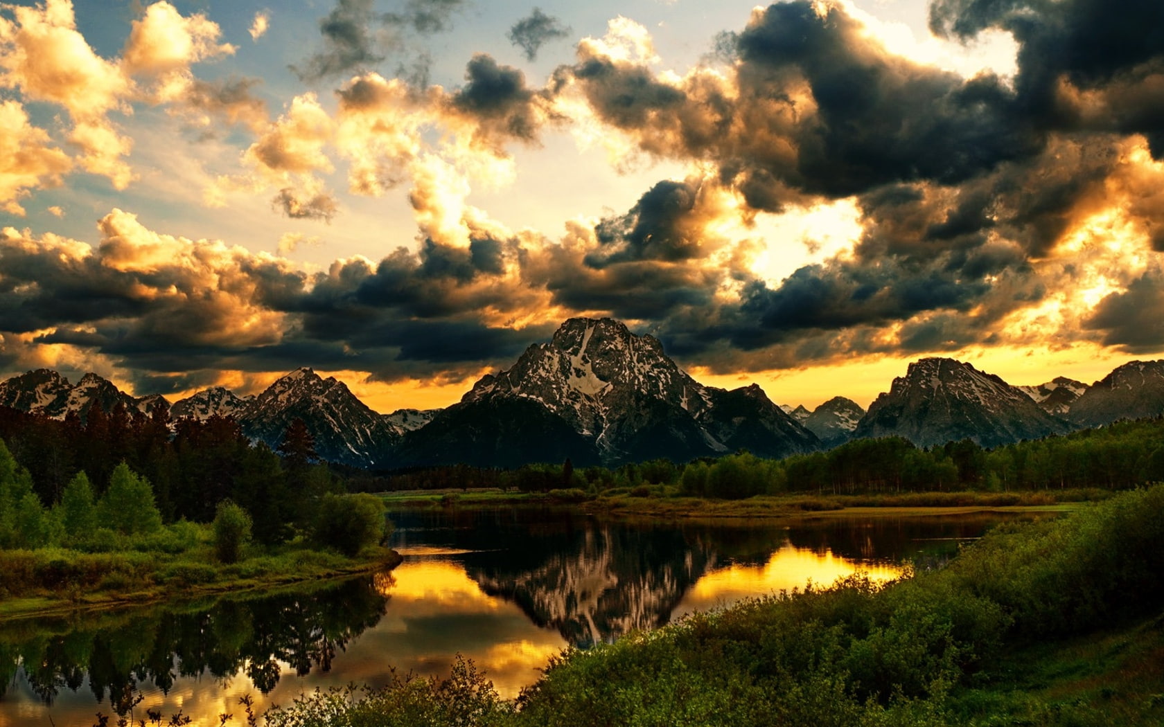 clouds, colors, mountains, splendor, landscape, nature, mountain, 720P, green, trees, m, grass, lake, sky, reflection, peaceful, brown, view, water, lovely, HD Wallpaper