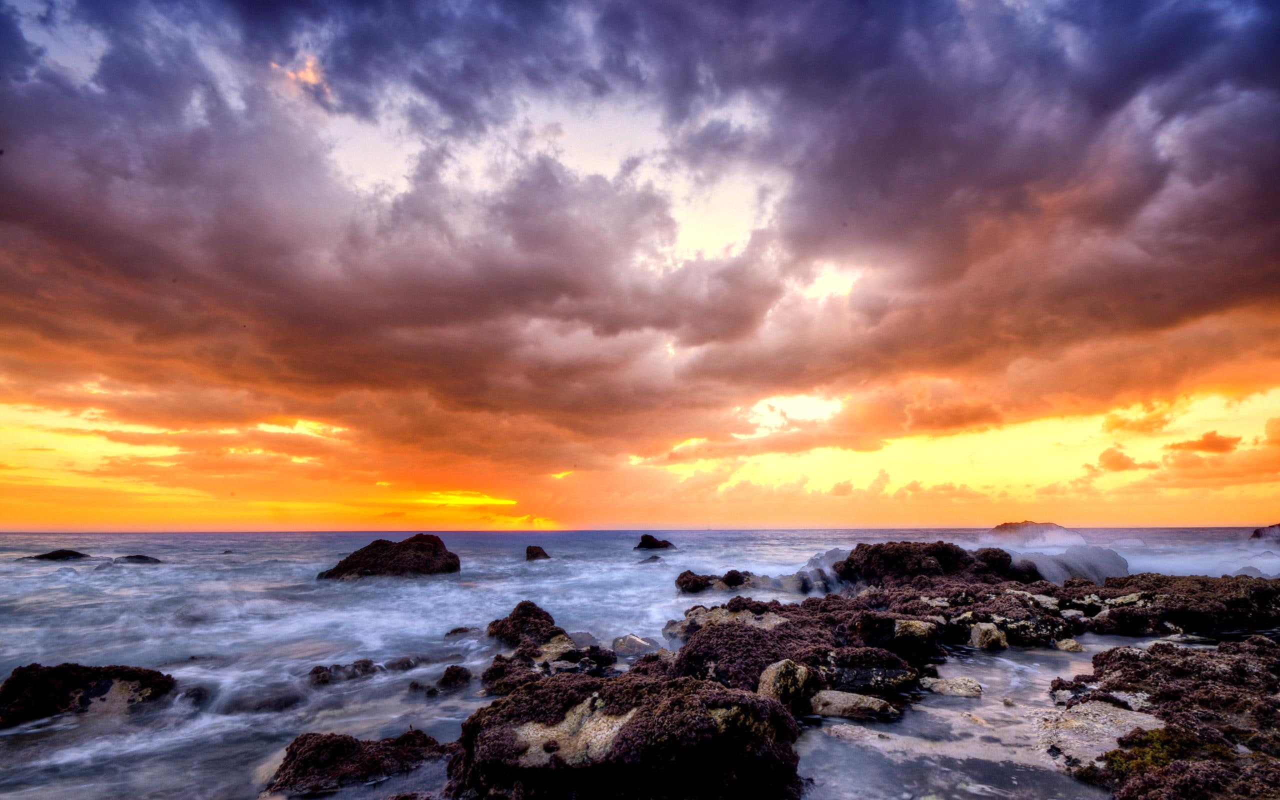 sky, waves, peaceful, sunset, clouds, beautiful, beauty, colorful, rocks, splendor, lovely, ocean, view, 2K, HD Wallpaper