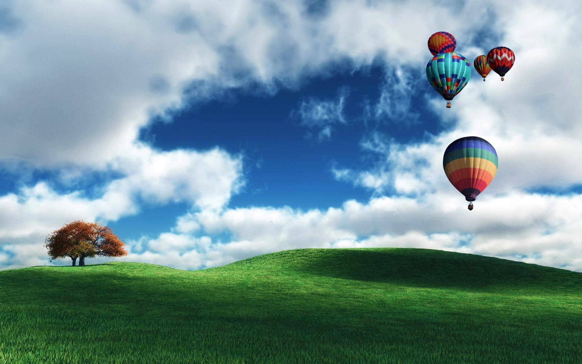 balloons, splendor, trees, view, field, balloon, peaceful, hor air balloons, beautiful, blue, grass, 1080P, clouds, HD Wallpaper