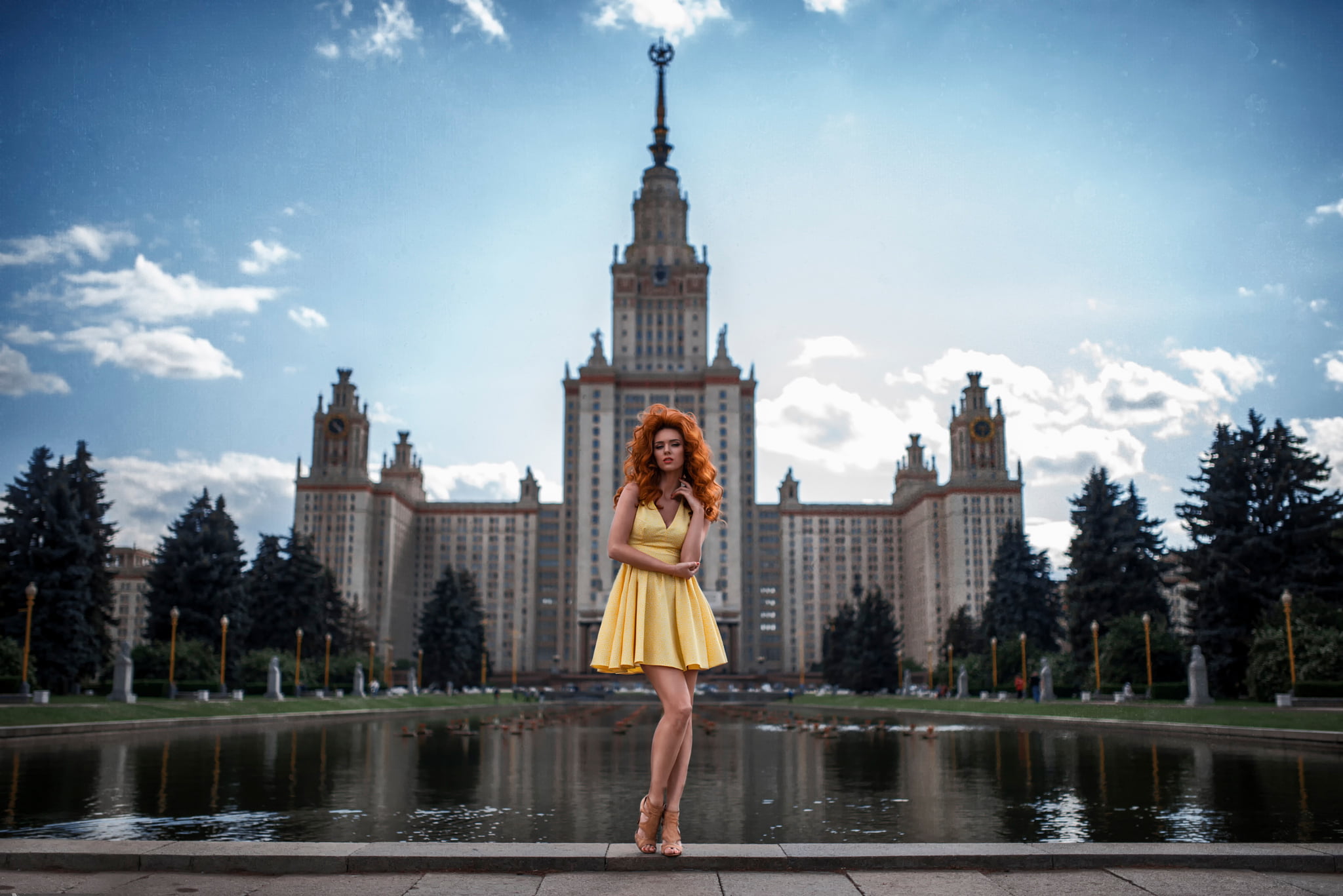 Hope Niyazova, dress, full length, front view, MSU, building exterior, clothing, women, water, beautiful woman, young adult, neck, one person, girl, George Chernyadev, HD Wallpaper