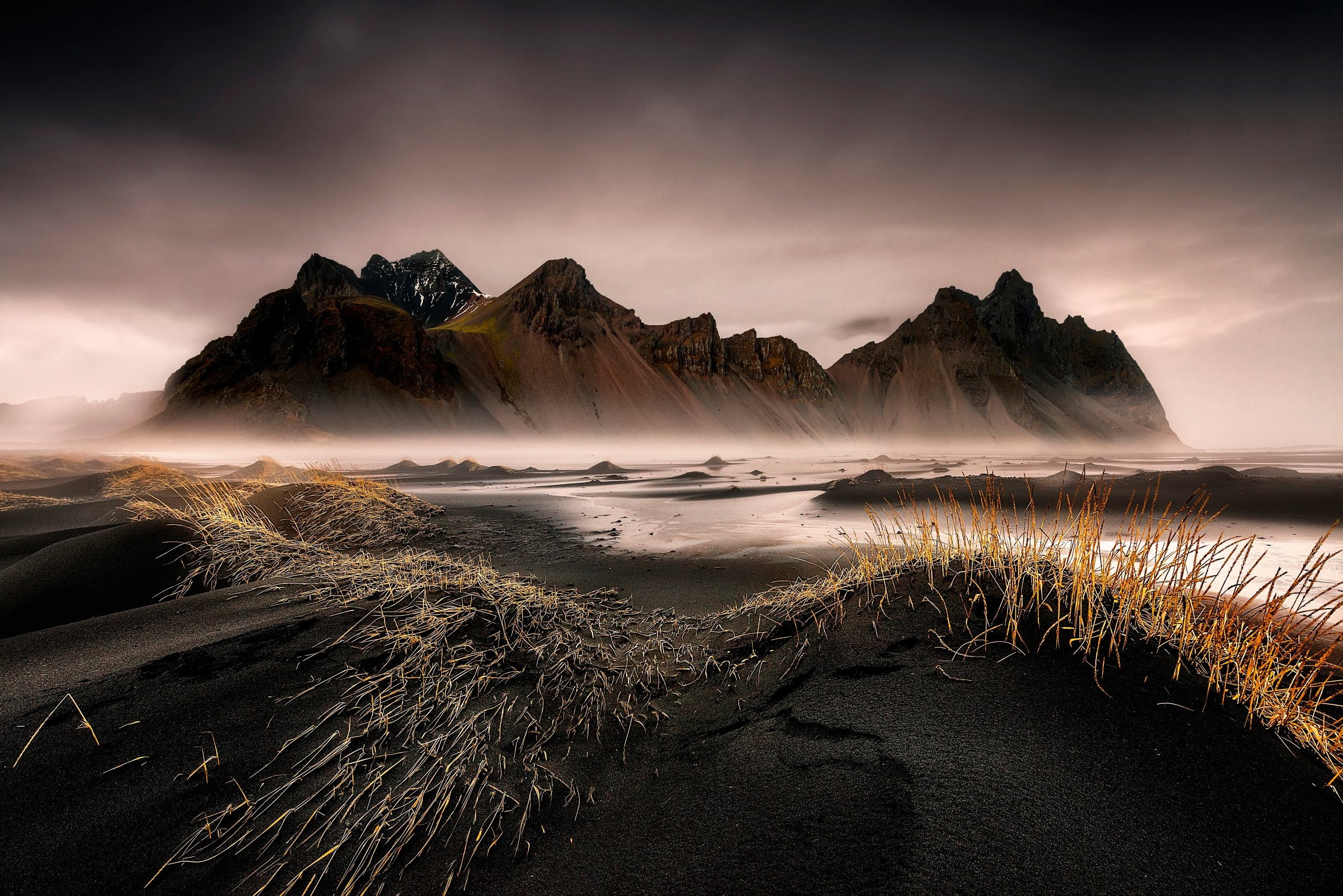 1080P, sand, beach, grass, stokksnes, ocean, iceland, island, sea, black, HD Wallpaper