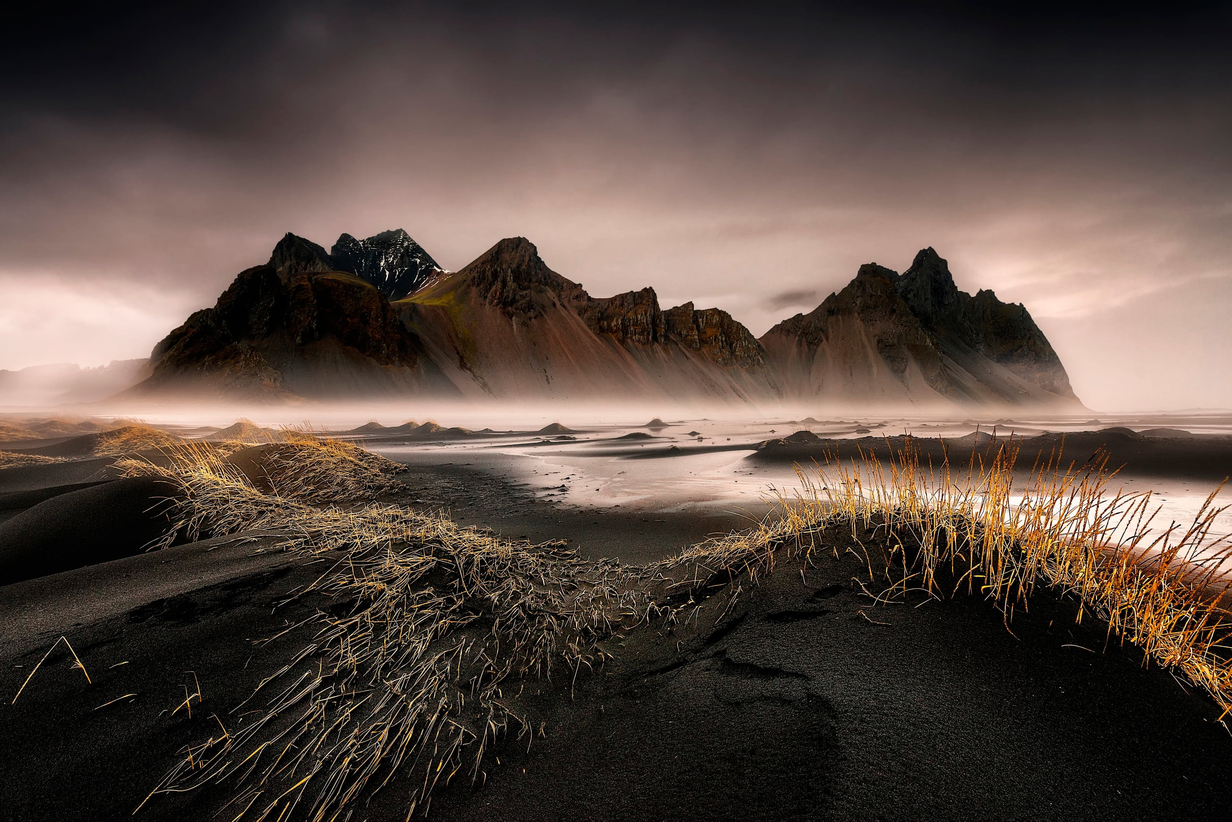 cloud - sky, 1080P, sky, beauty in nature, no people, environment, landscape, nature, Stokksnes, water, Iceland, brown, tranquility, sunset, tranquil scene, HD Wallpaper