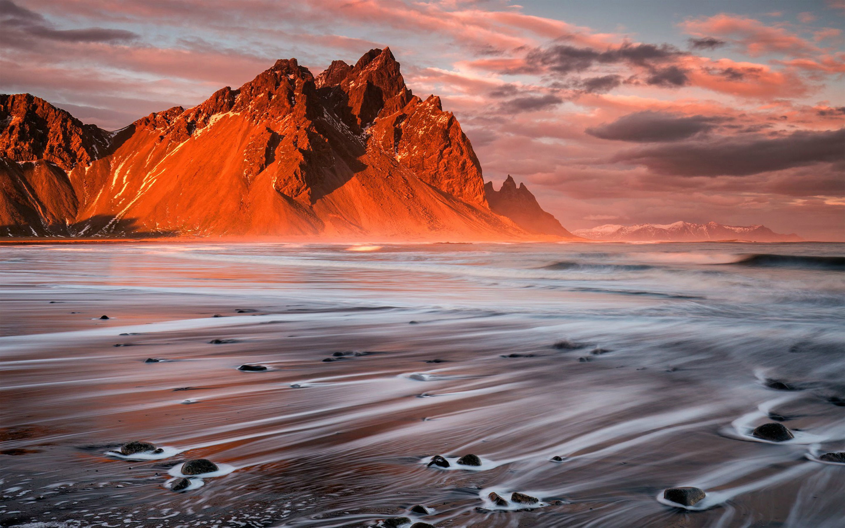 orange color, clouds, iceland, tranquil scene, beauty in nature, nature, rock, motion, water, stokksnes, desktop, land, coast, sea, rock formation, 2K, HD Wallpaper