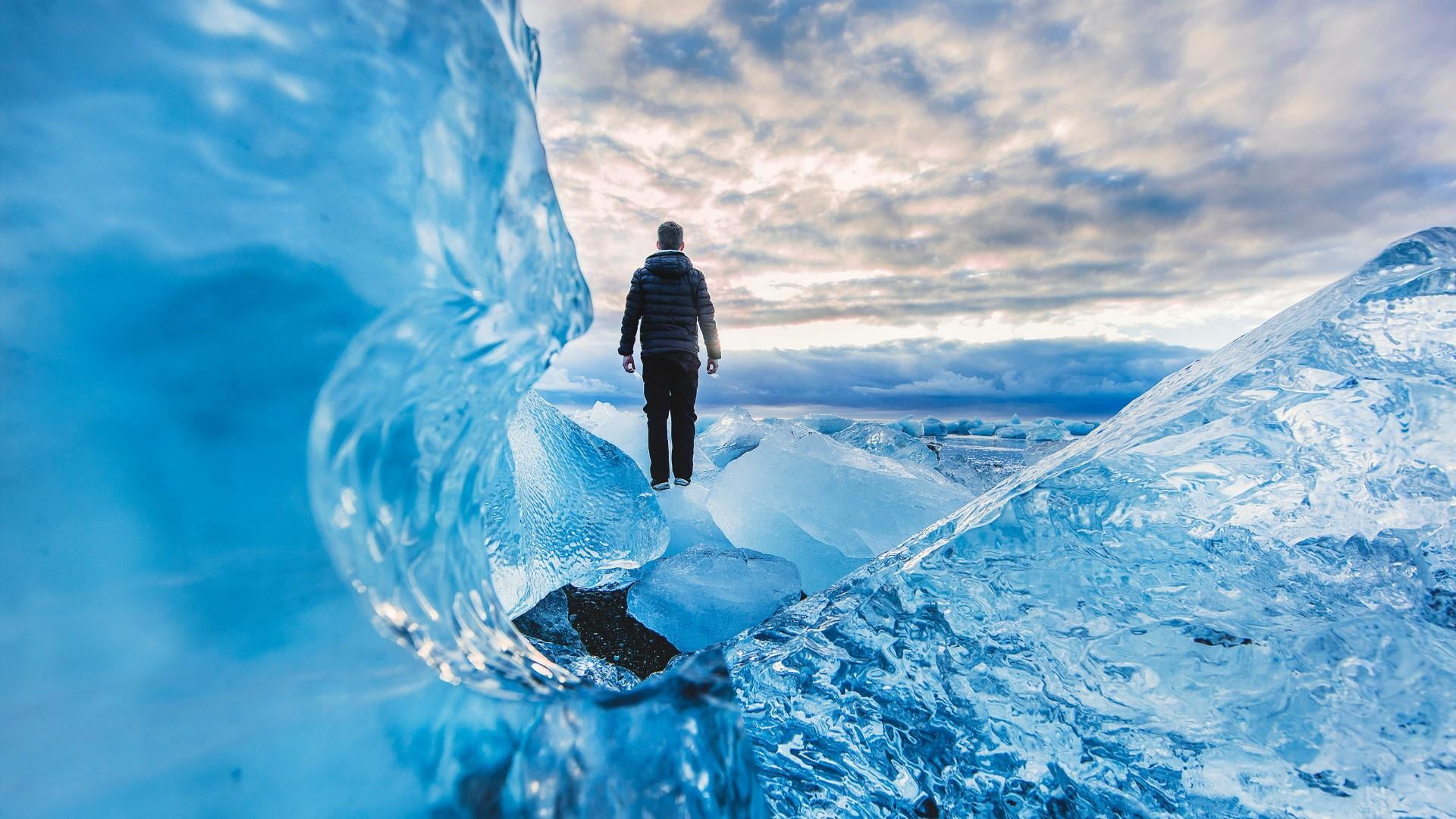 standing, nature, snow, frozen, glacier, beauty in nature, ice, glacial landform, adventure, adult, outdoors, cloud - sky, water, jokulsarlon, national park, HD Wallpaper